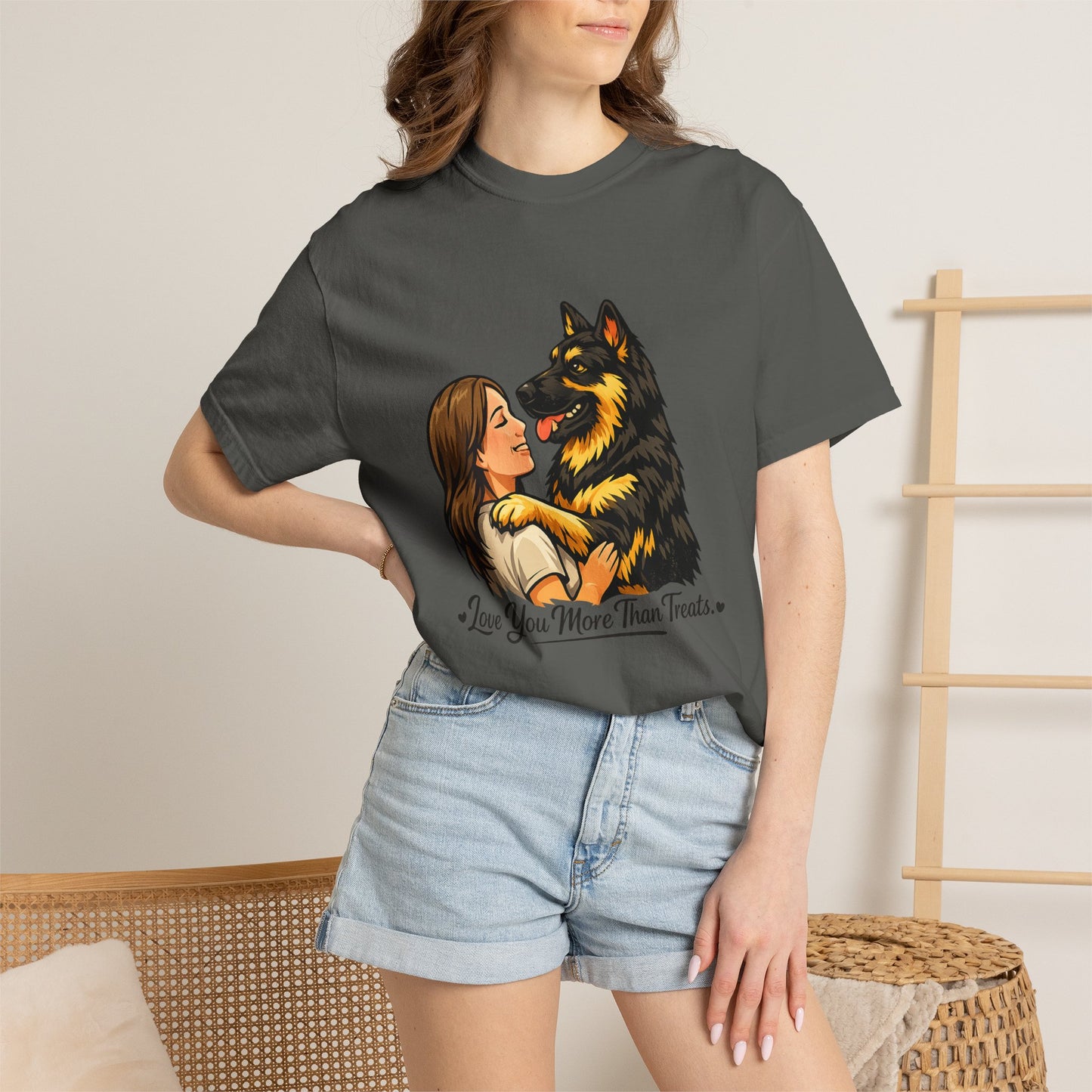 I Love You More Than Treats T-shirt | Girl Hugging German Shepherd Dog