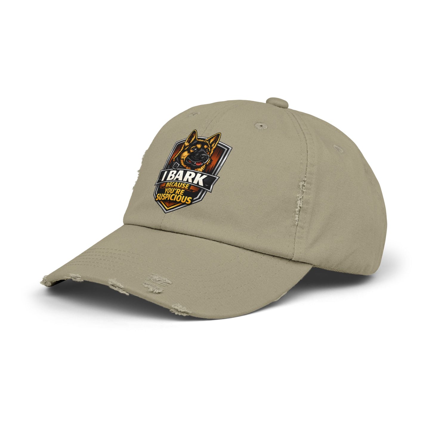 Distressed Cap — “I Bark Because You’re Suspicious” German Shepherd Patrol Hat