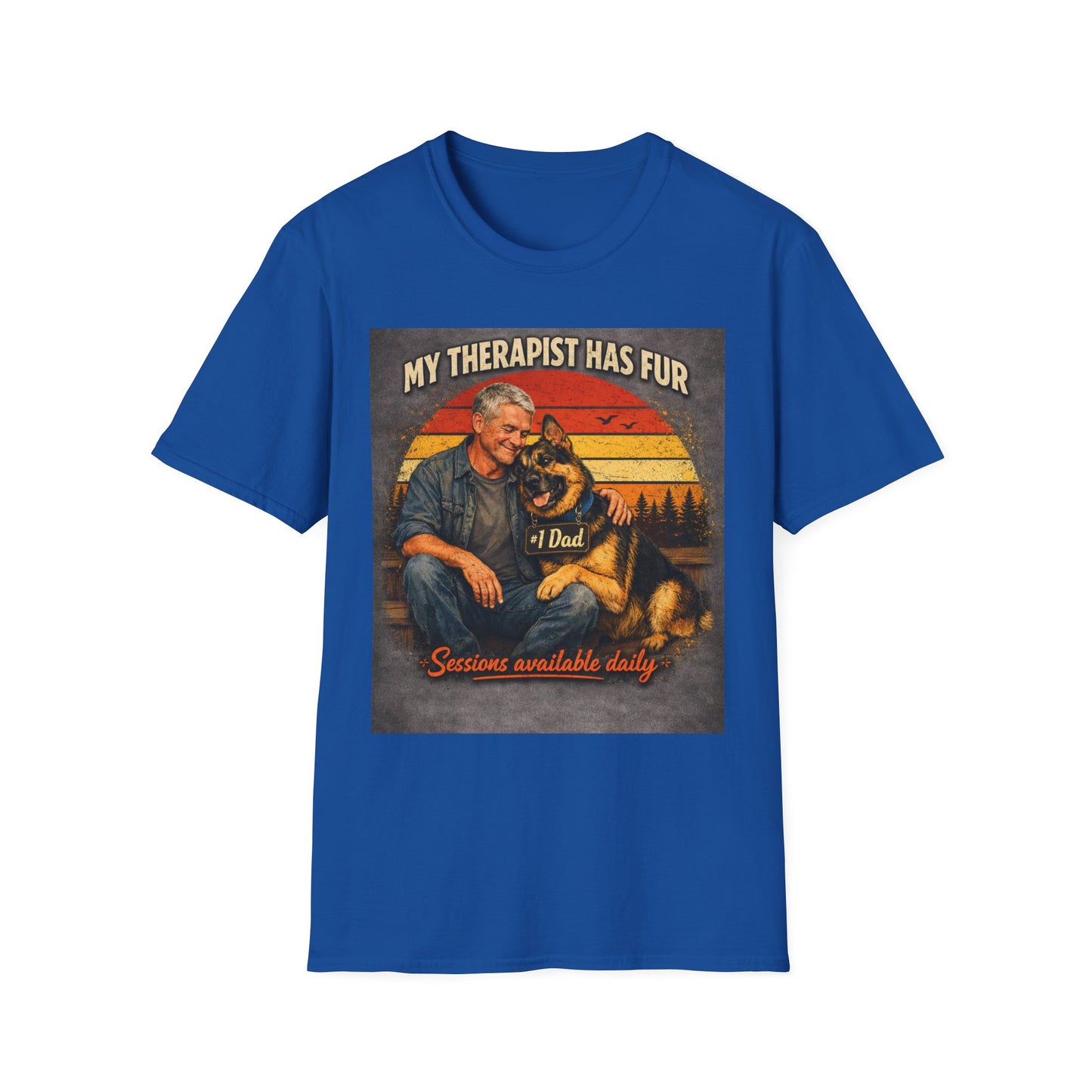 My Therapist Has Fur T-Shirt | Dog Dad Retro Sunset Design