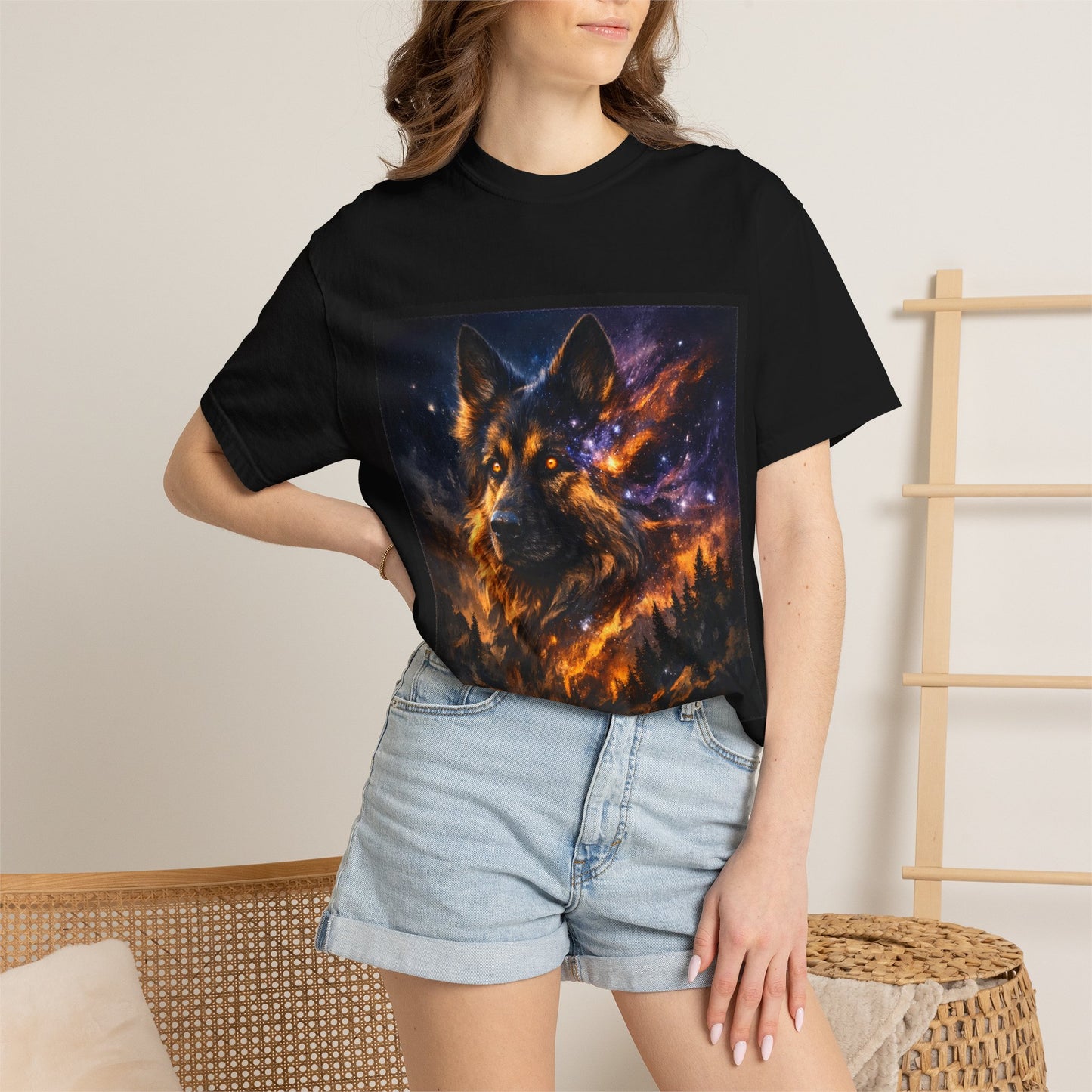 Cosmic German Shepherd Blaze T-Shirt | Galaxy fire Animal Artwork