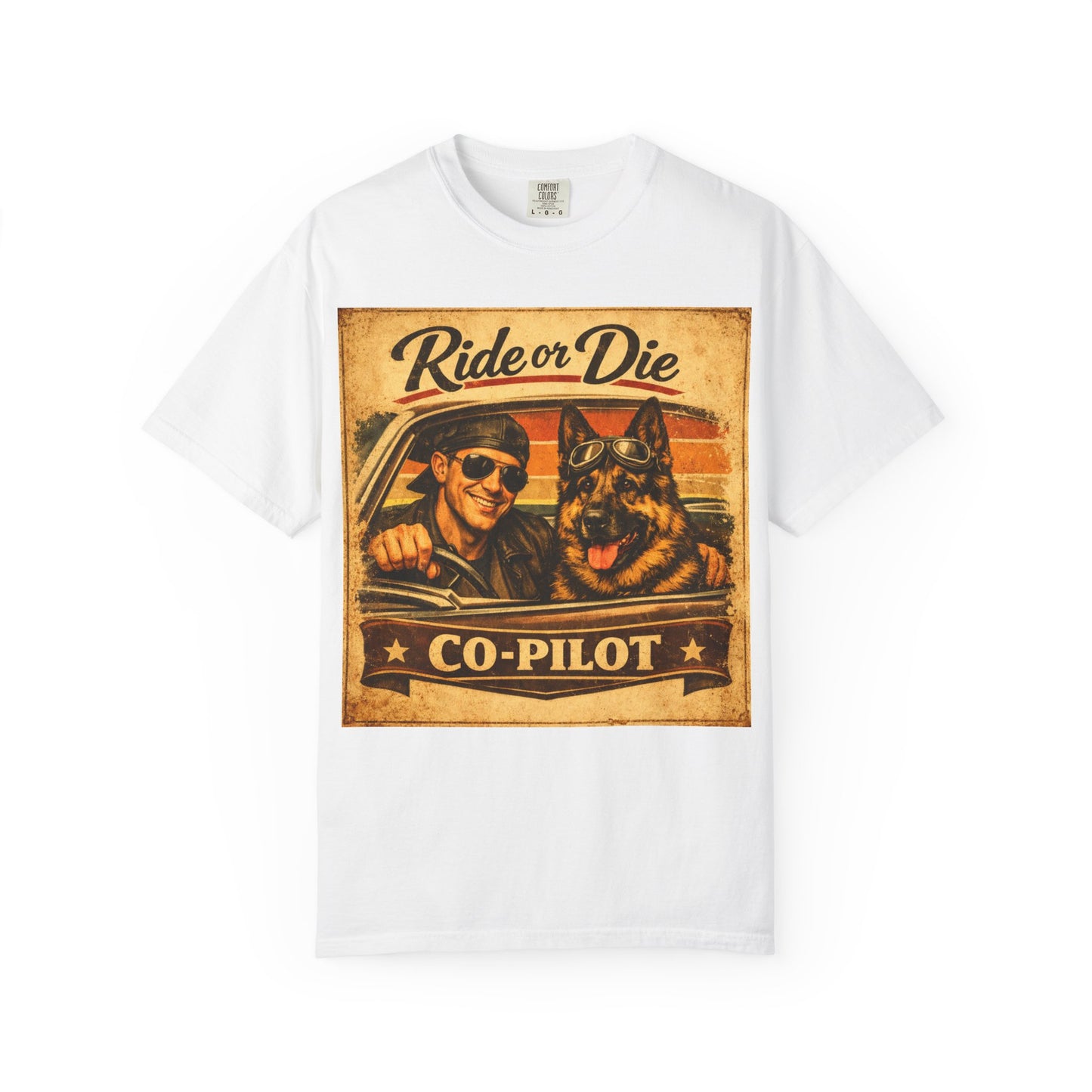 Ride or Die Co-Pilot T-shirt | Retro Driver and German Shepherd Design