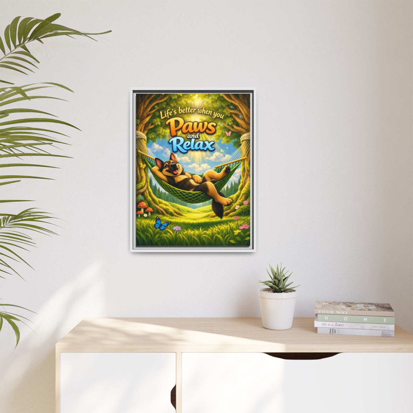 German Shepherd Wall Art – "Life's Better When You Paws and Relax" Framed Canvas Print
