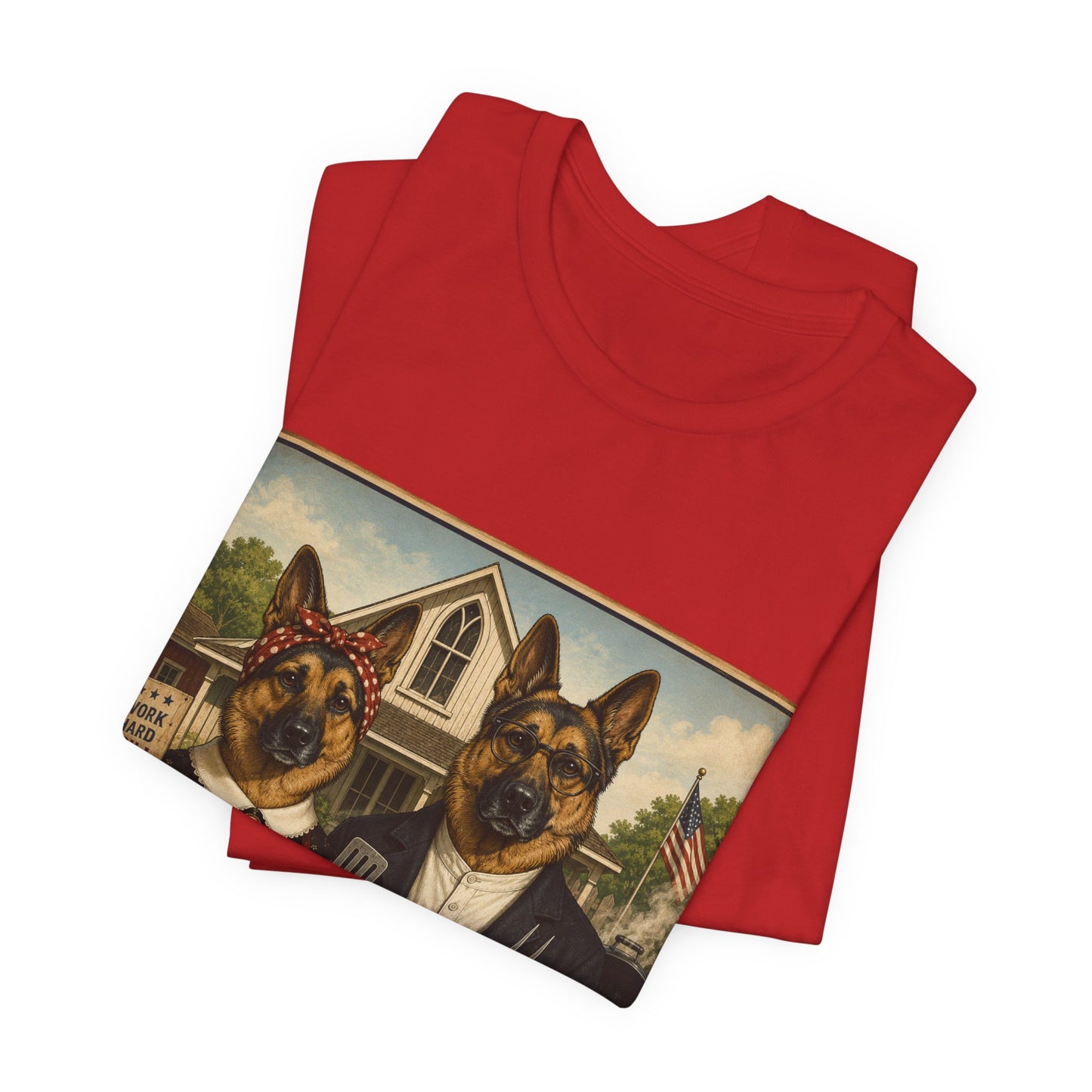American Gothic – Backyard Style | German Shepherd BBQ T-Shirt
