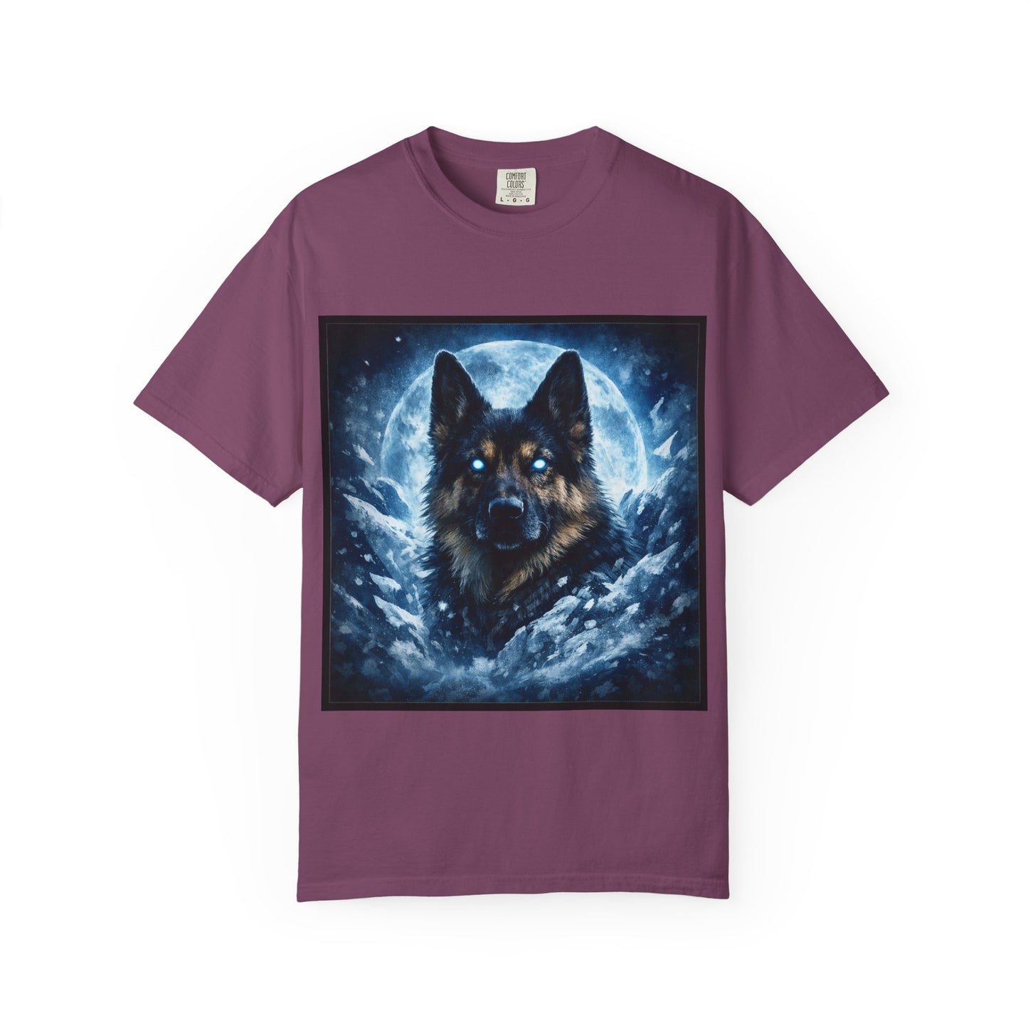Mystic German Shepherd Moon T-shirt | Glowing Blue German Shepherd Portrait