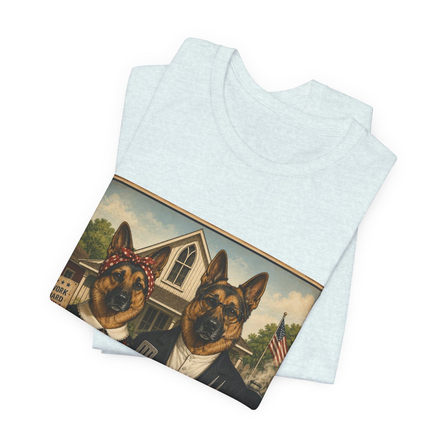 American Gothic – Backyard Style | German Shepherd BBQ T-Shirt