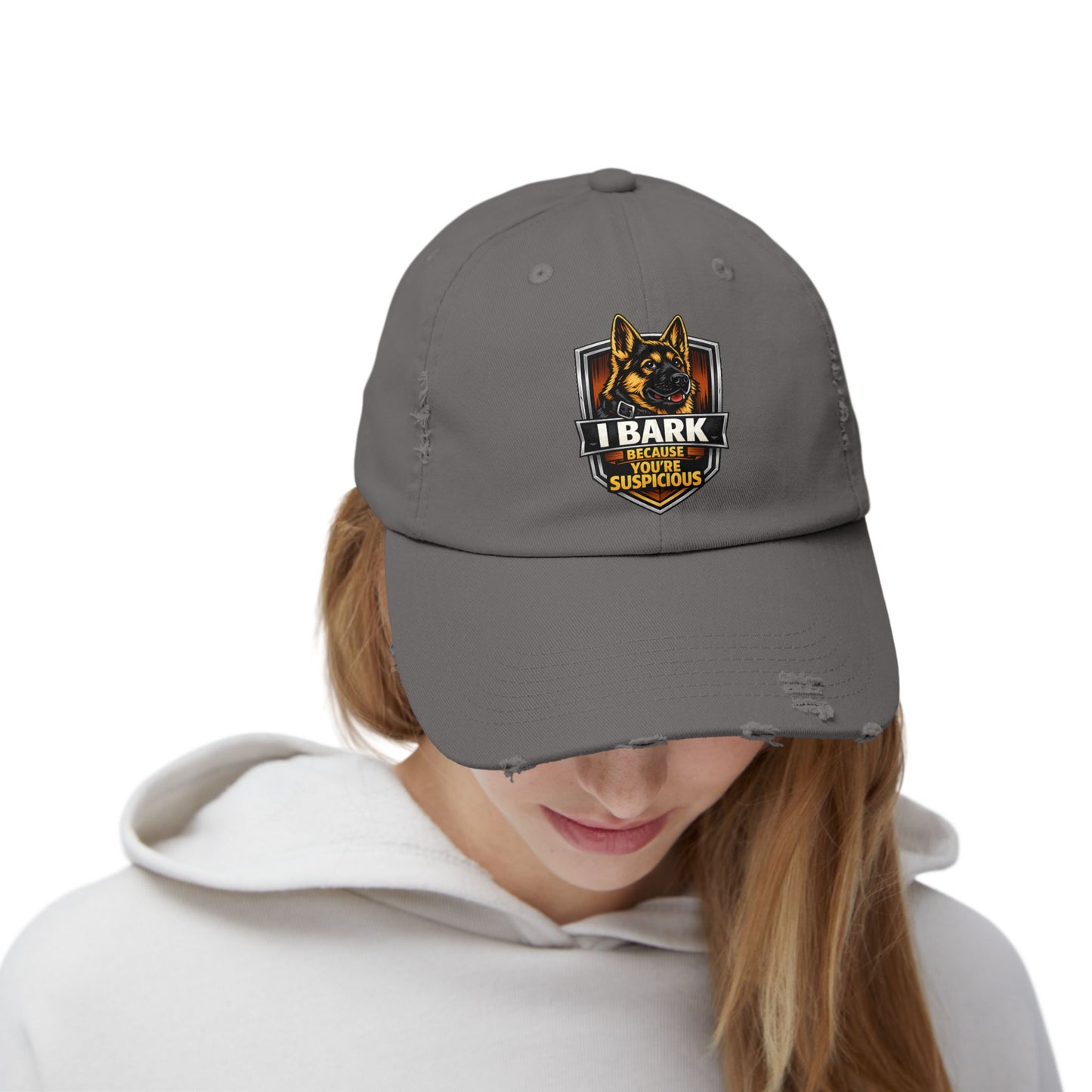 Distressed Cap — “I Bark Because You’re Suspicious” German Shepherd Patrol Hat