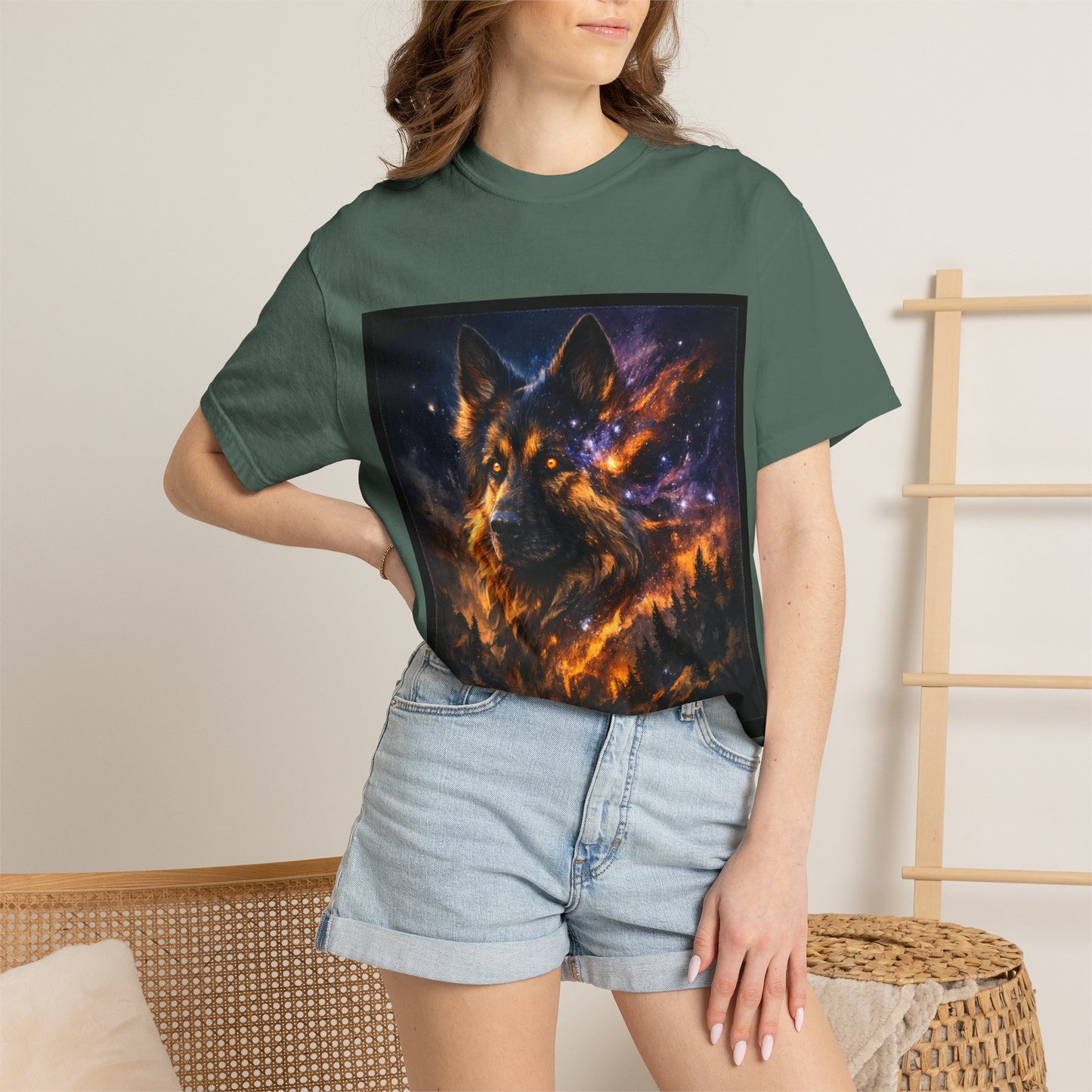 Cosmic German Shepherd Blaze T-Shirt | Galaxy fire Animal Artwork