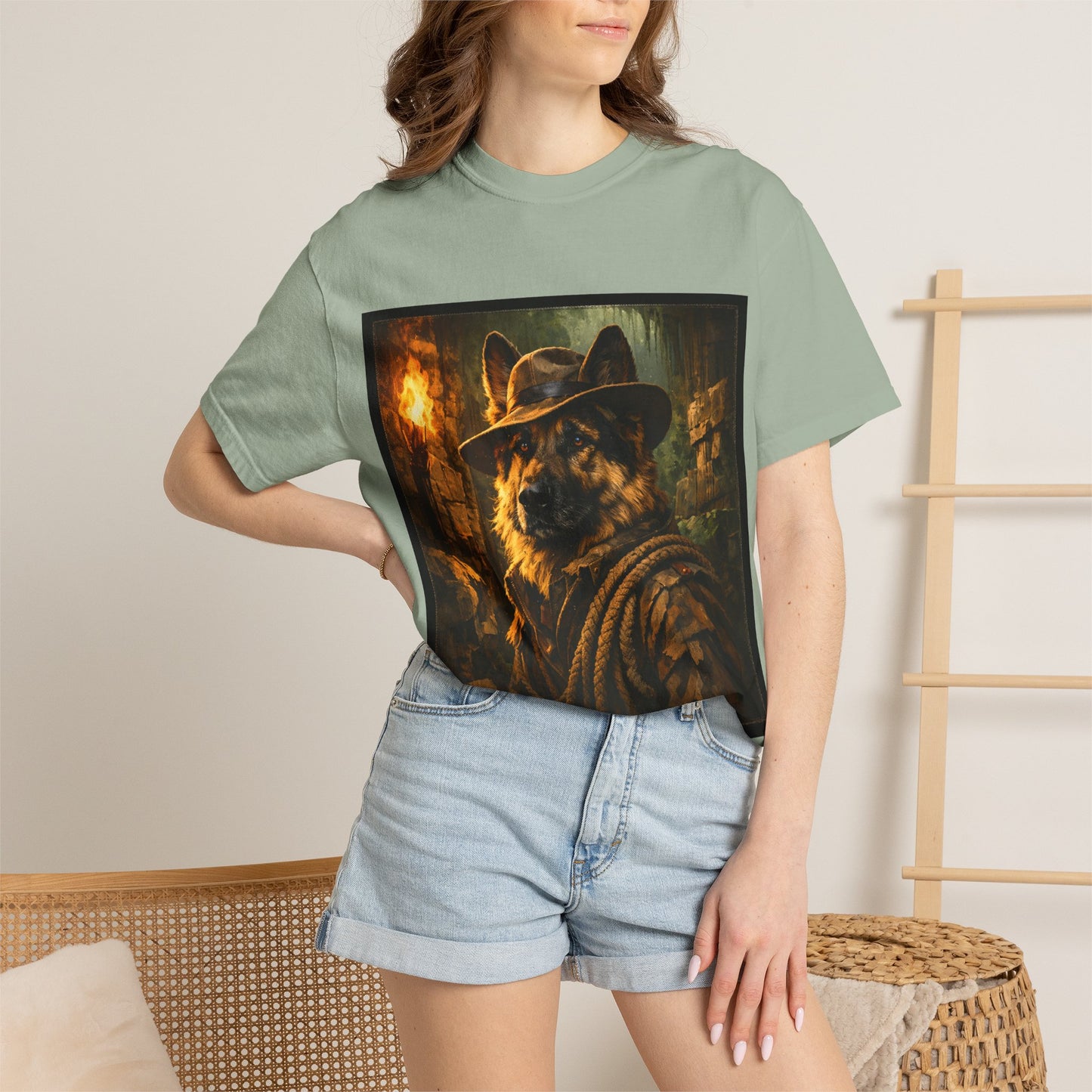 Indy Explorer German Shepherd T‑Shirt – Adventure Dog Lover Tee | Vintage Noir Canine Illustration | Bella Canvas 3001