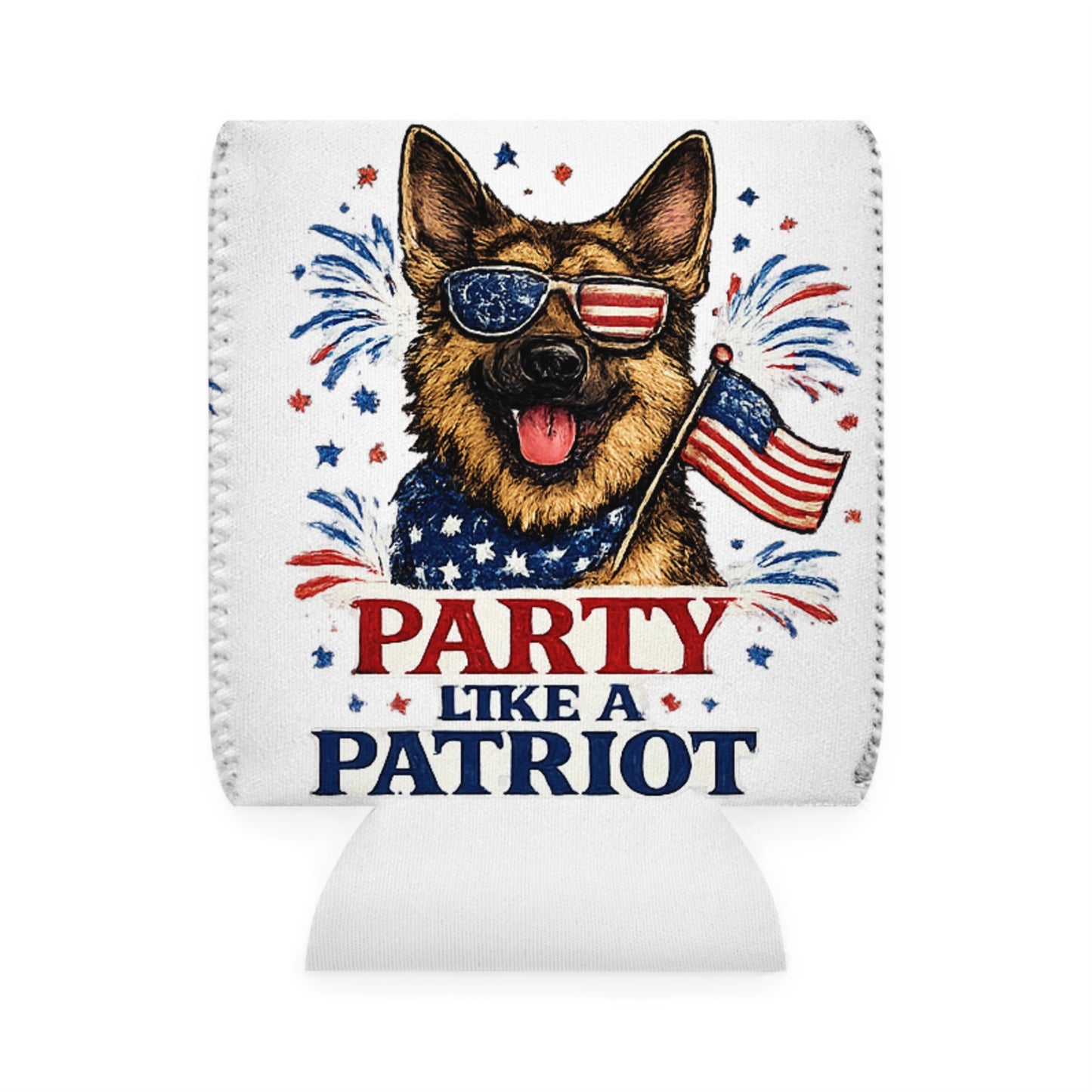 Patriotic German Shepherd Party Like a Patriot Can Cooler | 4th of July Koozie