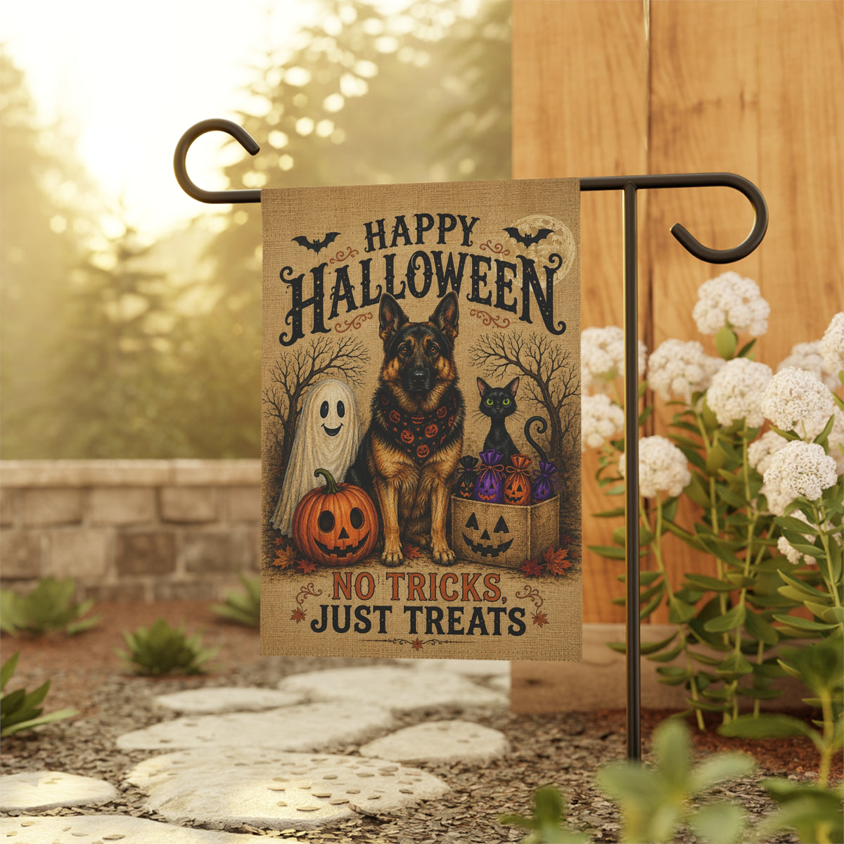 German Shepherd Halloween Garden Flag – No Tricks, Just Treats