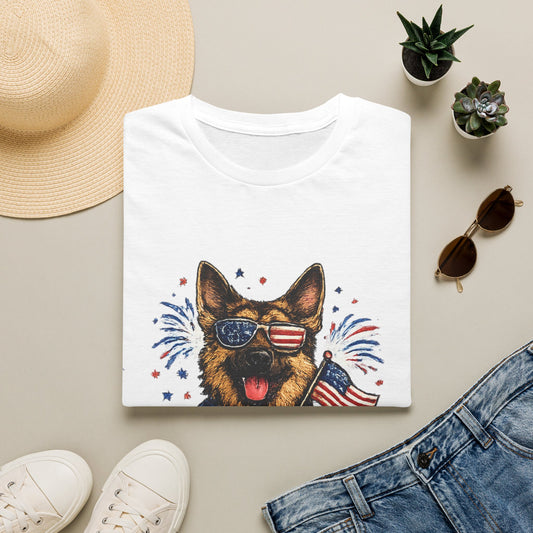 Patriotic German Shepherd Graphic T-Shirt | American Flag Sunglasses, Fireworks