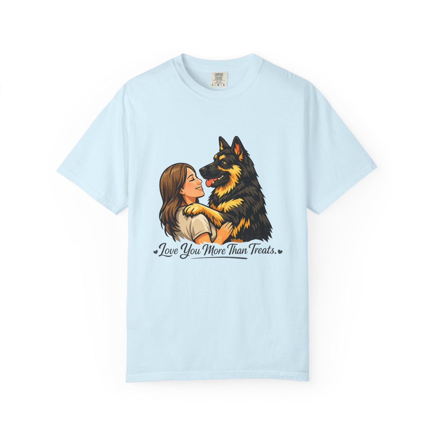 I Love You More Than Treats T-shirt | Girl Hugging German Shepherd Dog