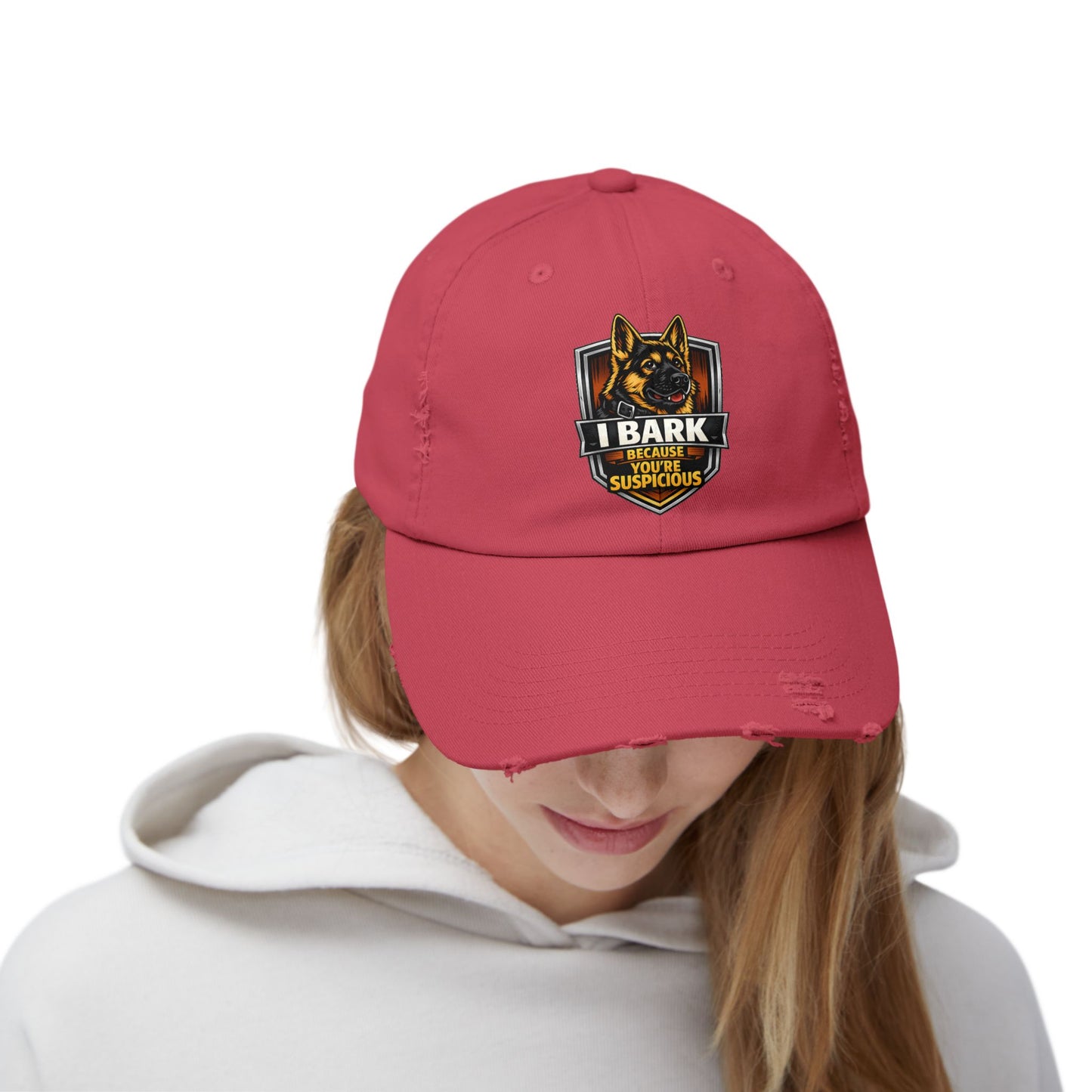 Distressed Cap — “I Bark Because You’re Suspicious” German Shepherd Patrol Hat