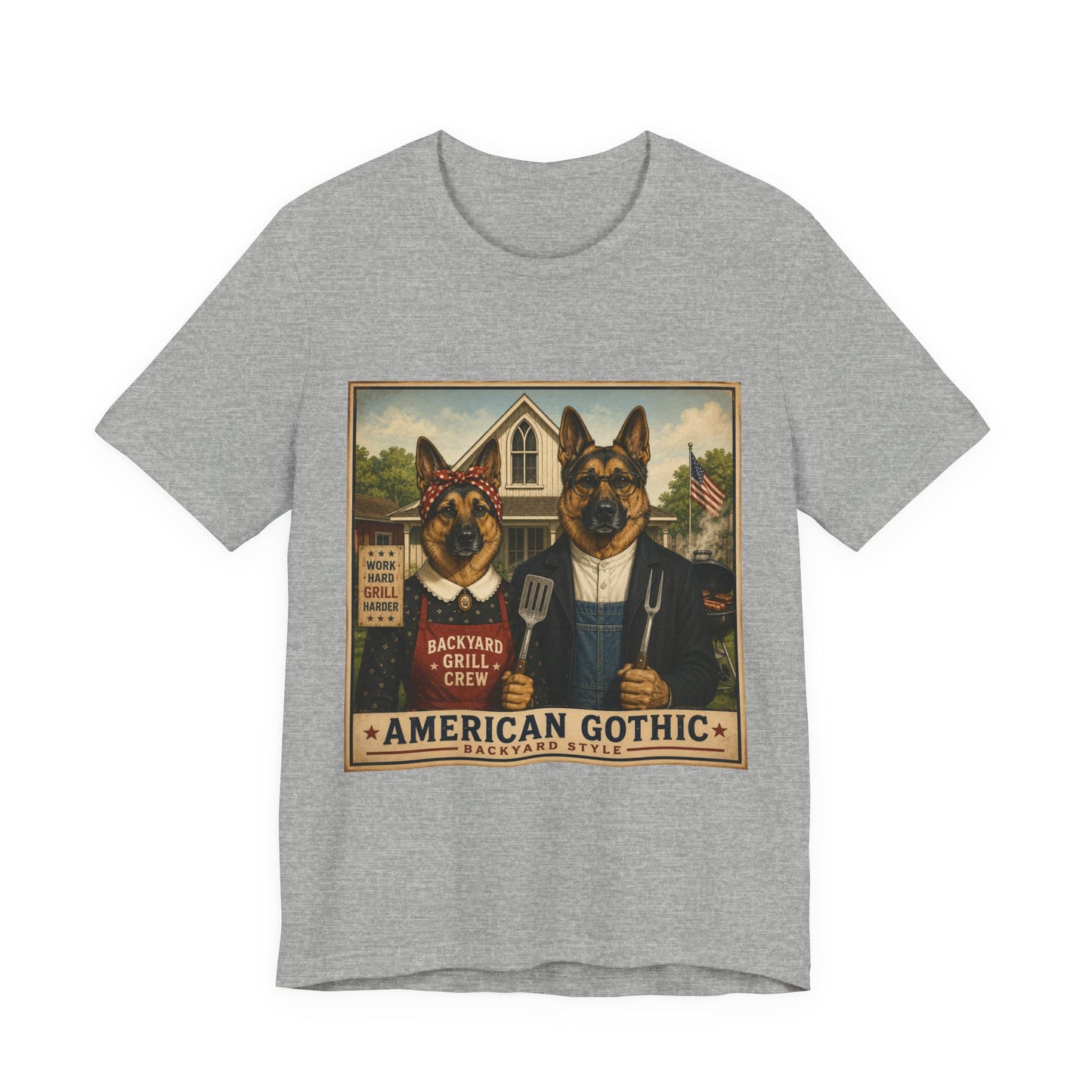 American Gothic – Backyard Style | German Shepherd BBQ T-Shirt
