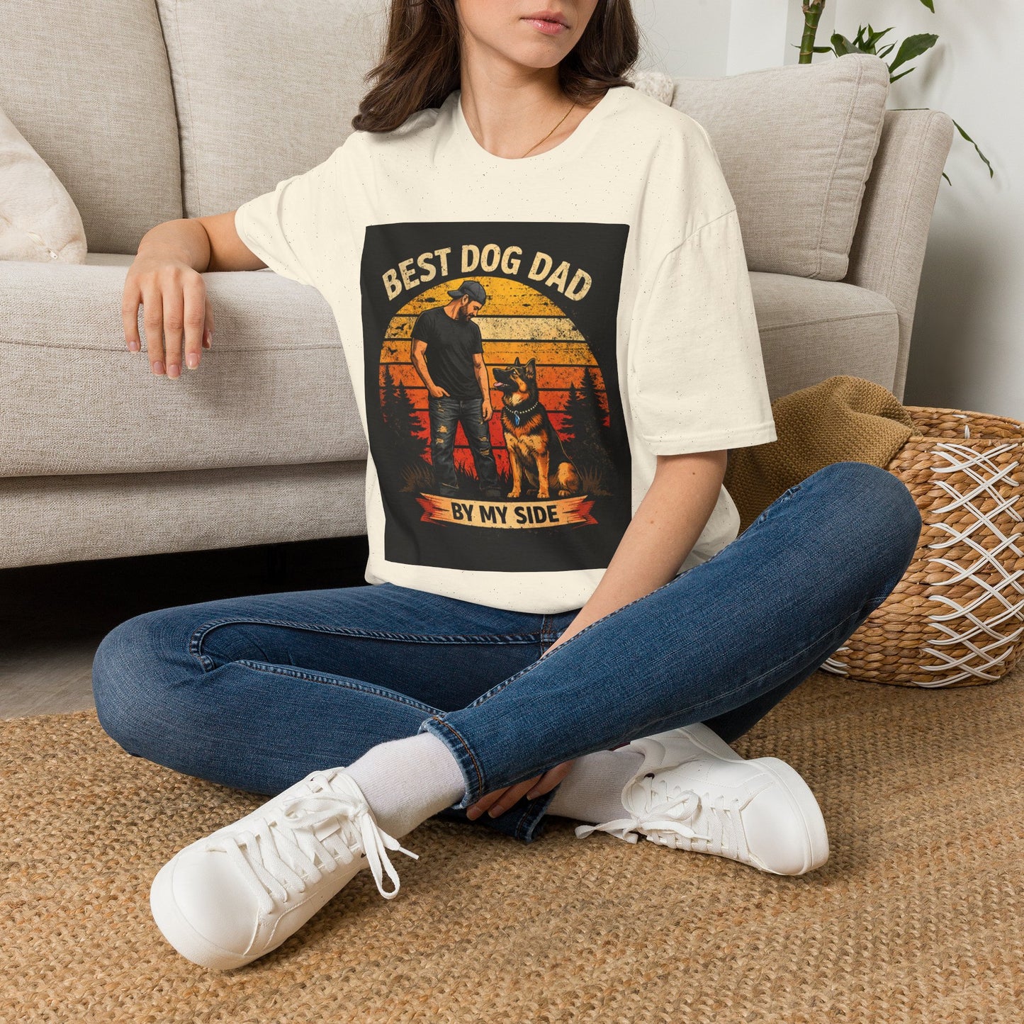 Best Dog Dad T-Shirt | Retro Sunset Dog Dad By My Side Design