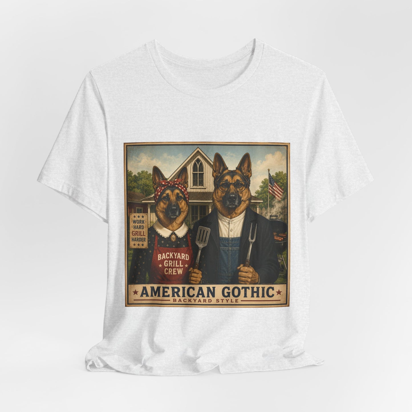 American Gothic – Backyard Style | German Shepherd BBQ T-Shirt