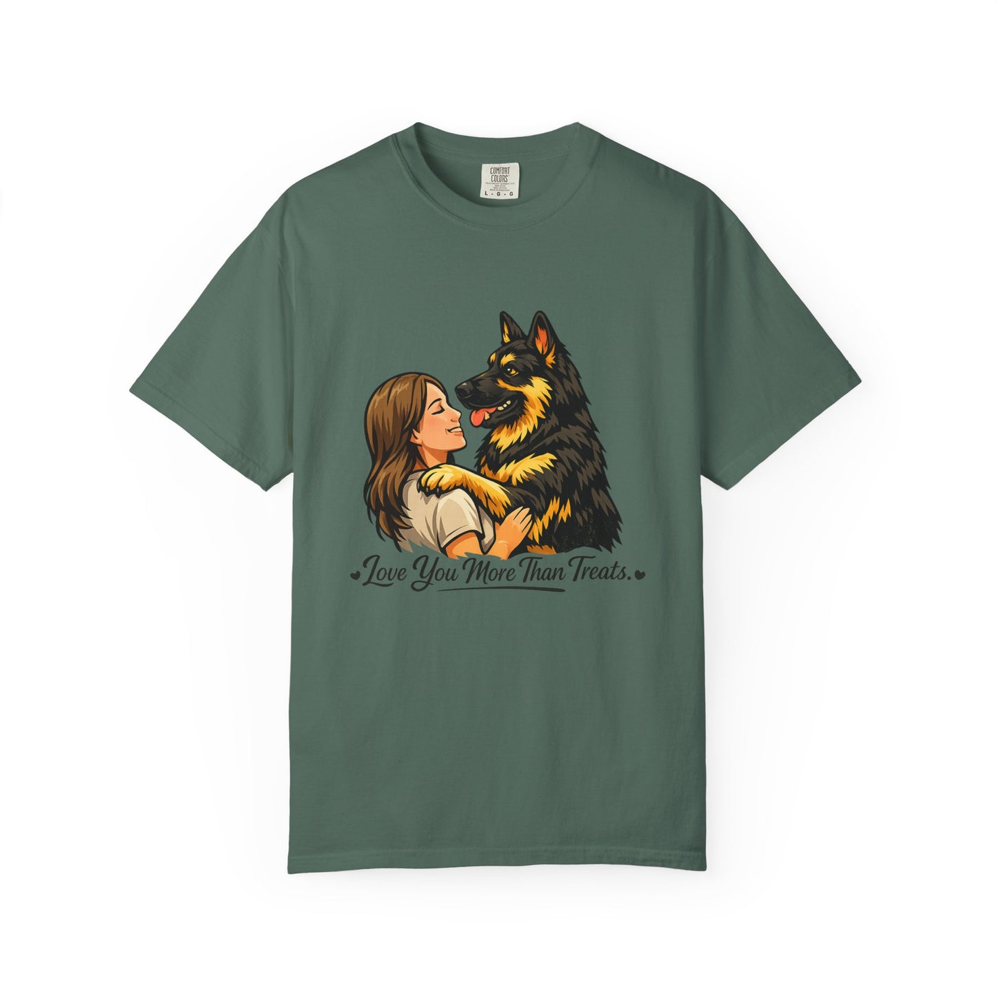 I Love You More Than Treats T-shirt | Girl Hugging German Shepherd Dog