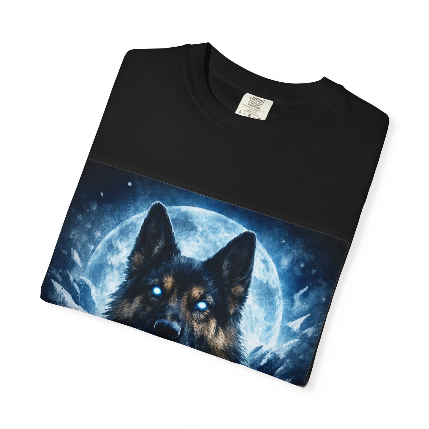 Mystic German Shepherd Moon T-shirt | Glowing Blue German Shepherd Portrait