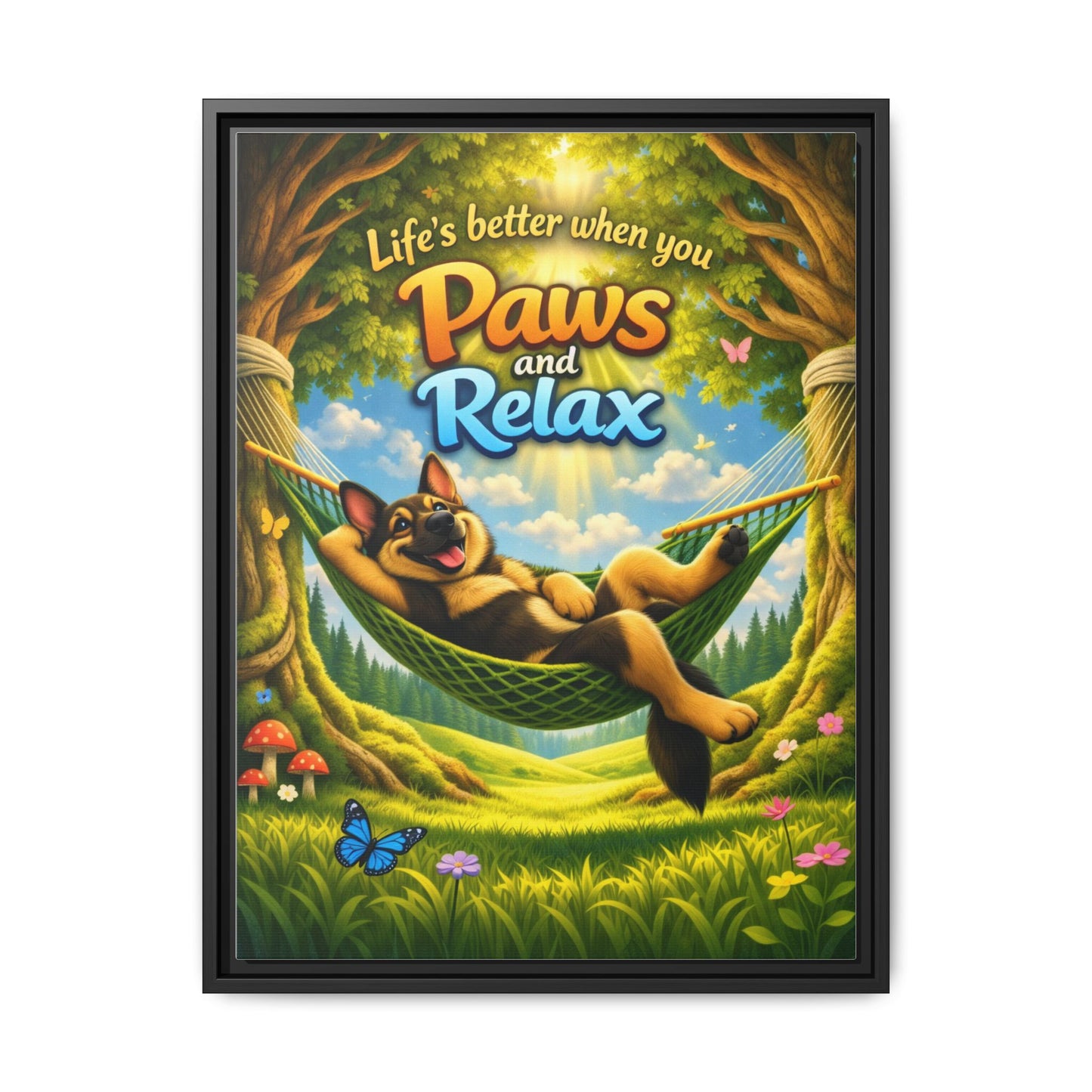 German Shepherd Wall Art – "Life's Better When You Paws and Relax" Framed Canvas Print
