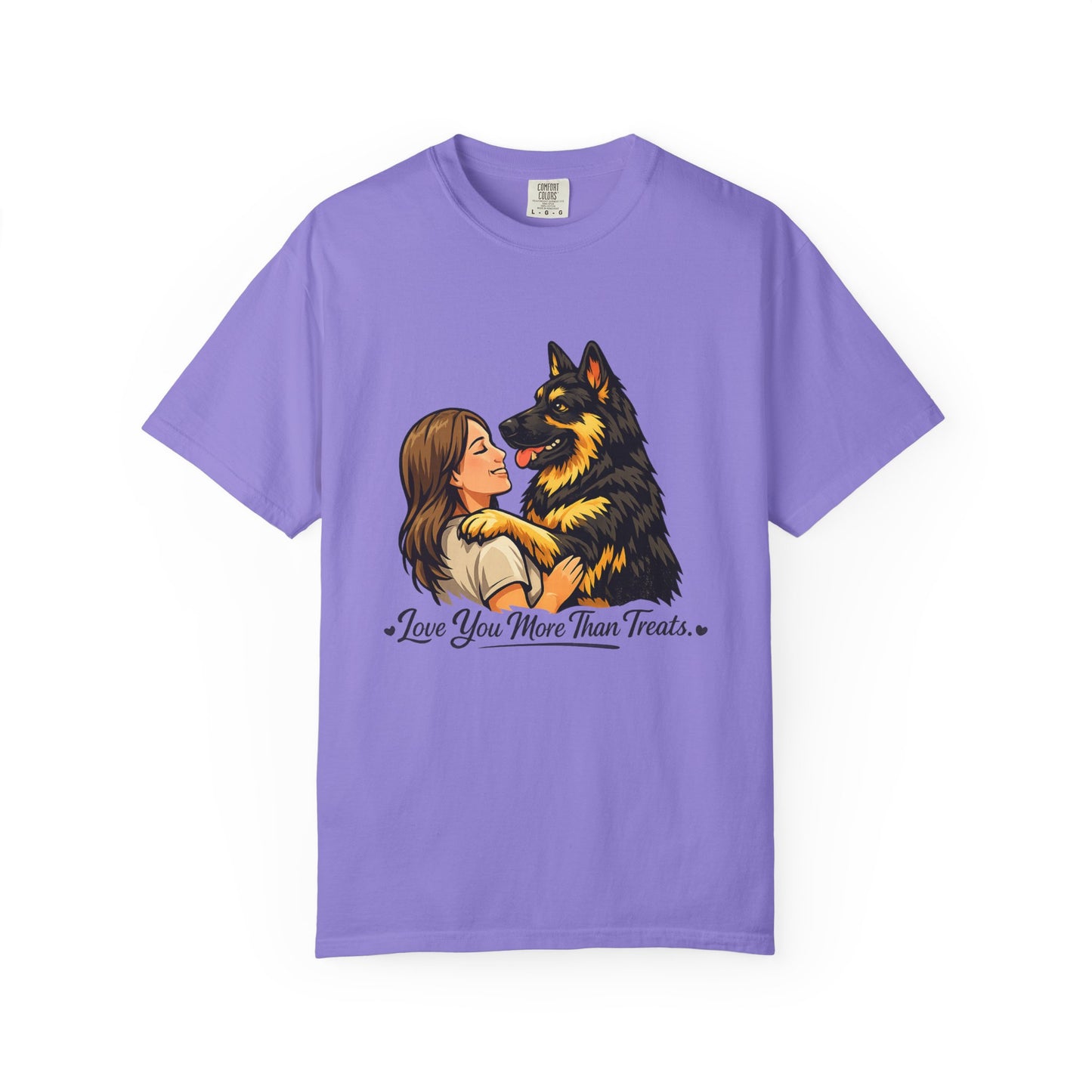 I Love You More Than Treats T-shirt | Girl Hugging German Shepherd Dog