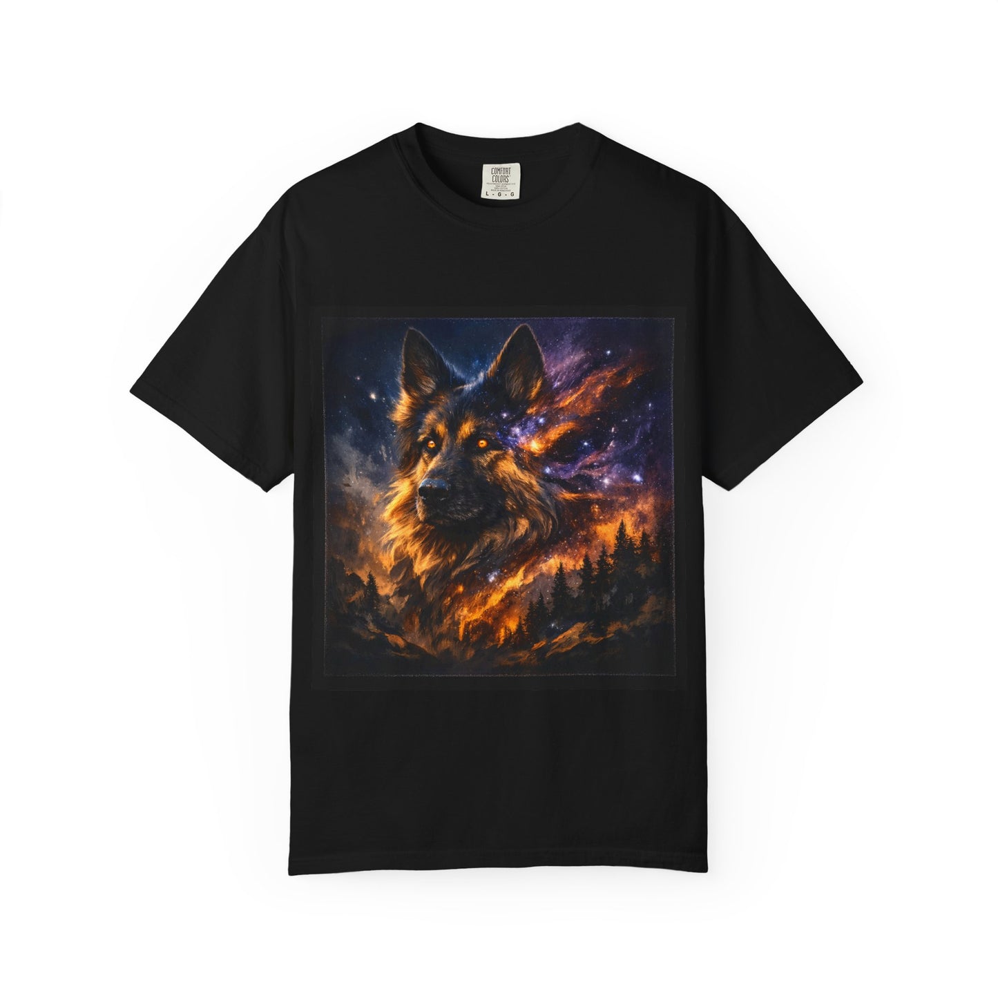 Cosmic German Shepherd Blaze T-Shirt | Galaxy fire Animal Artwork