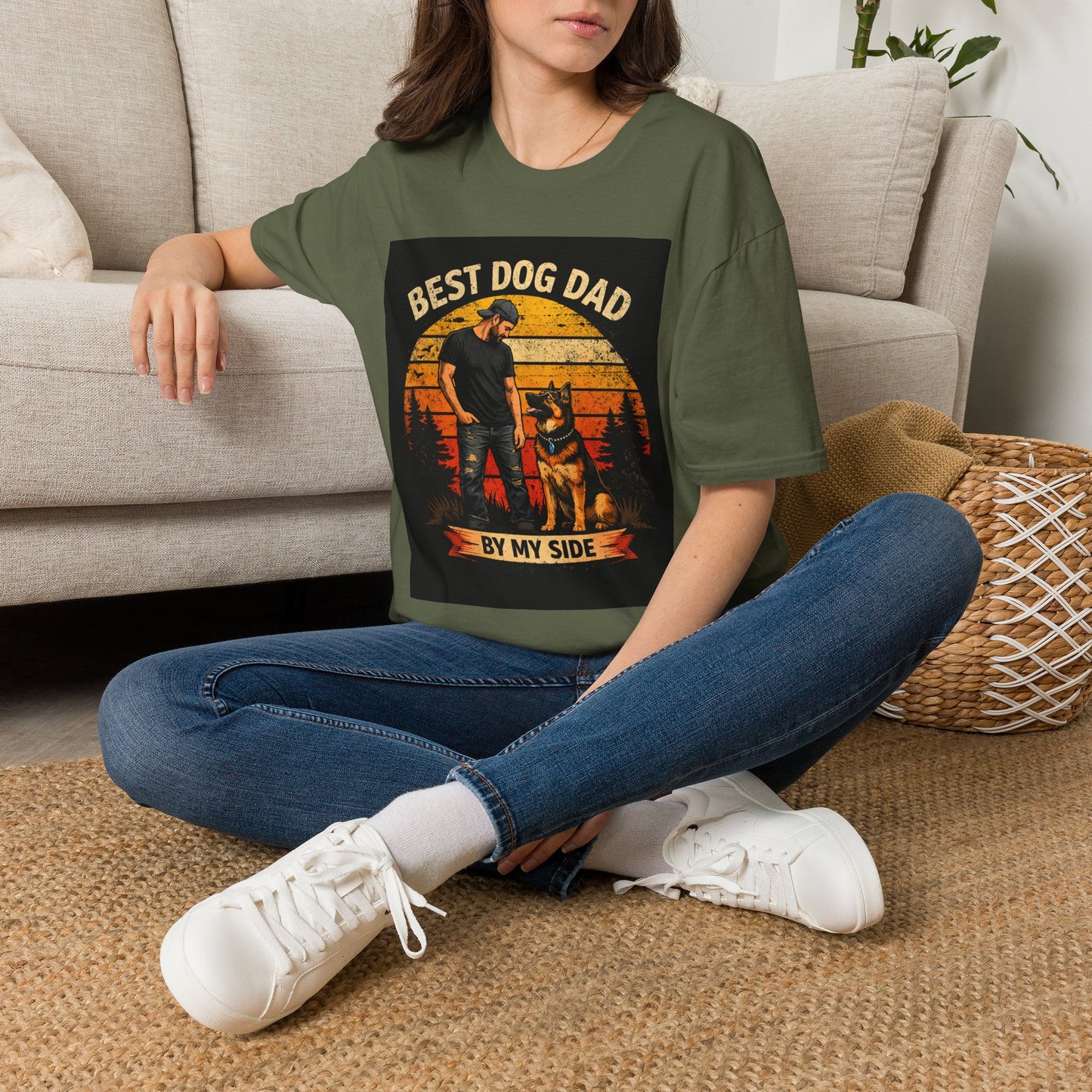 Best Dog Dad T-Shirt | Retro Sunset Dog Dad By My Side Design