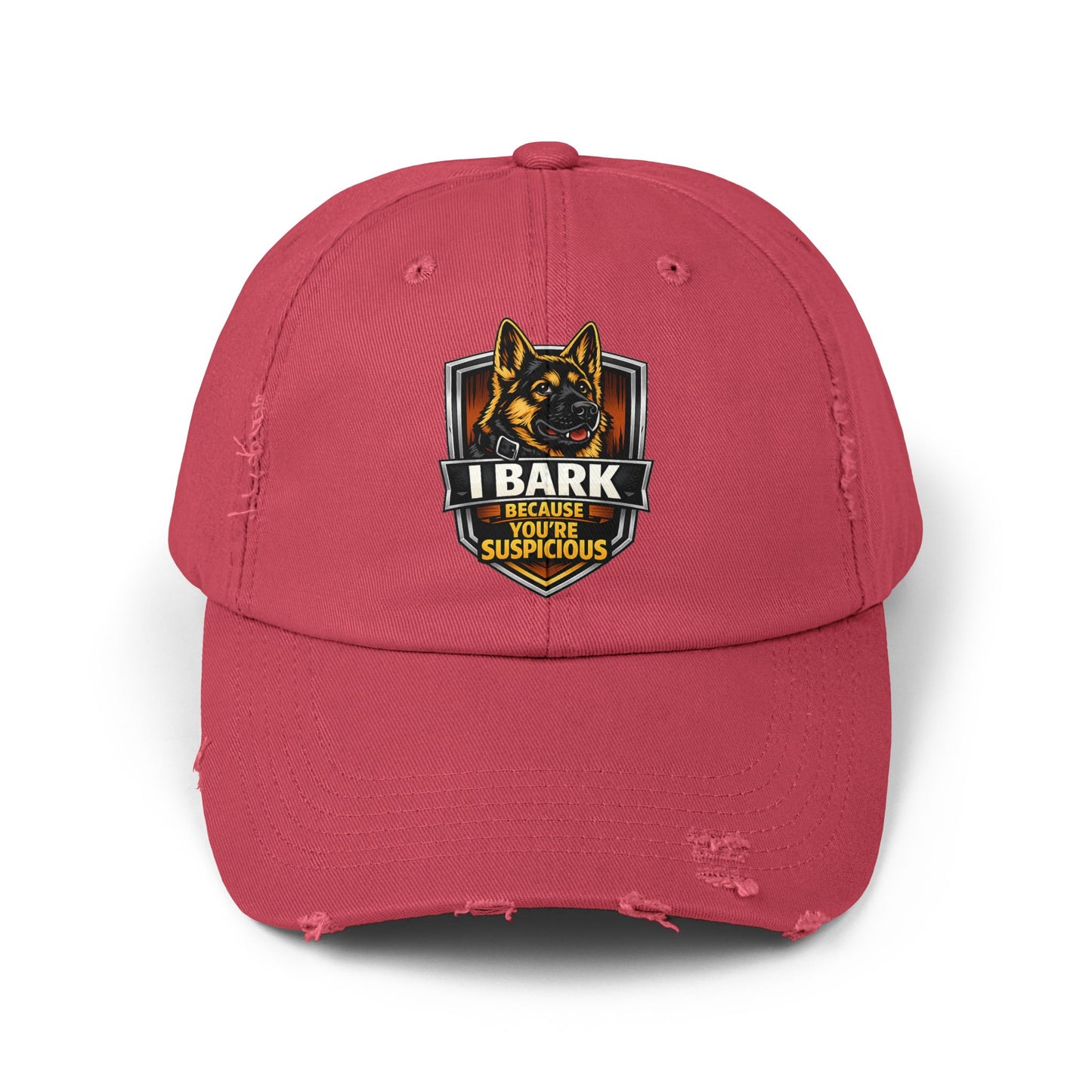 Distressed Cap — “I Bark Because You’re Suspicious” German Shepherd Patrol Hat