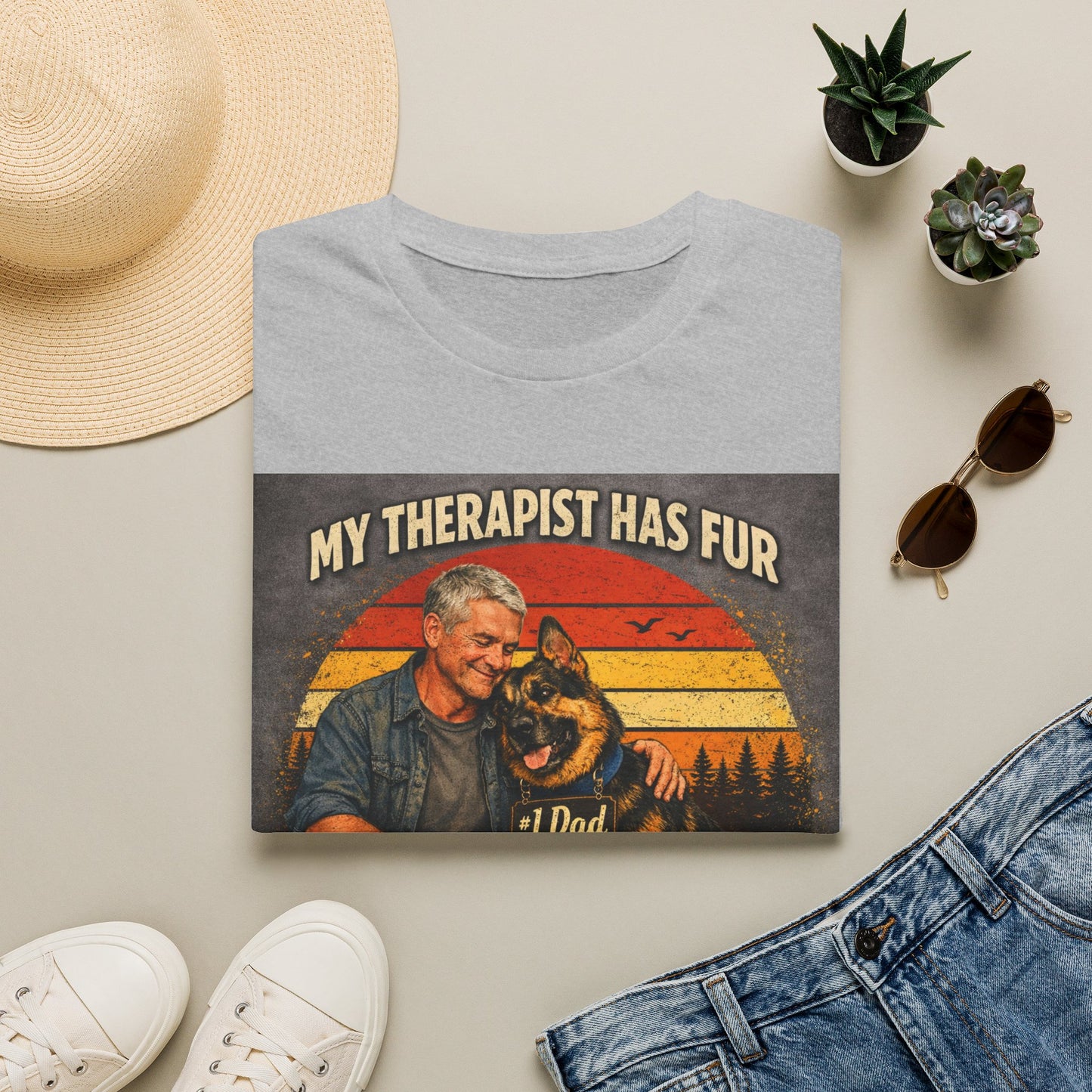 My Therapist Has Fur T-Shirt | Dog Dad Retro Sunset Design