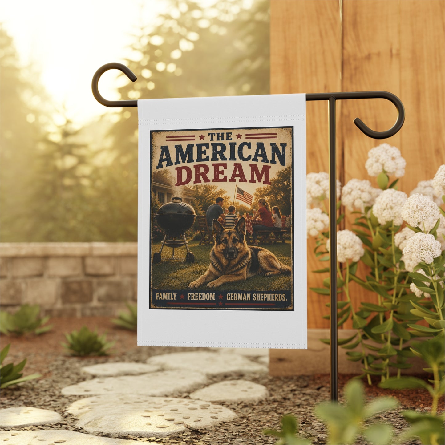 American Dream Garden Flag — Patriotic German Shepherd Yard Banner