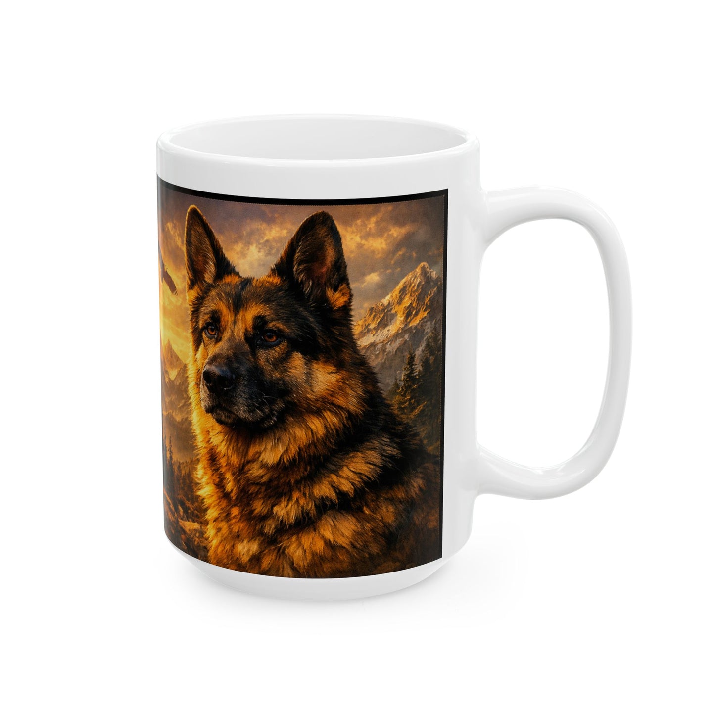 German Shepherd Portrait Mug | Mountain Sunset Landscape, Eagle Silhouette