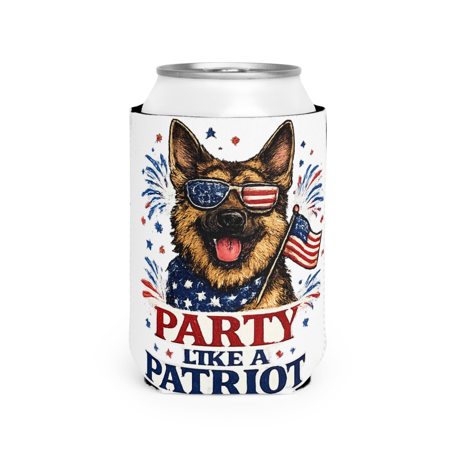 Patriotic German Shepherd Party Like a Patriot Can Cooler | 4th of July Koozie