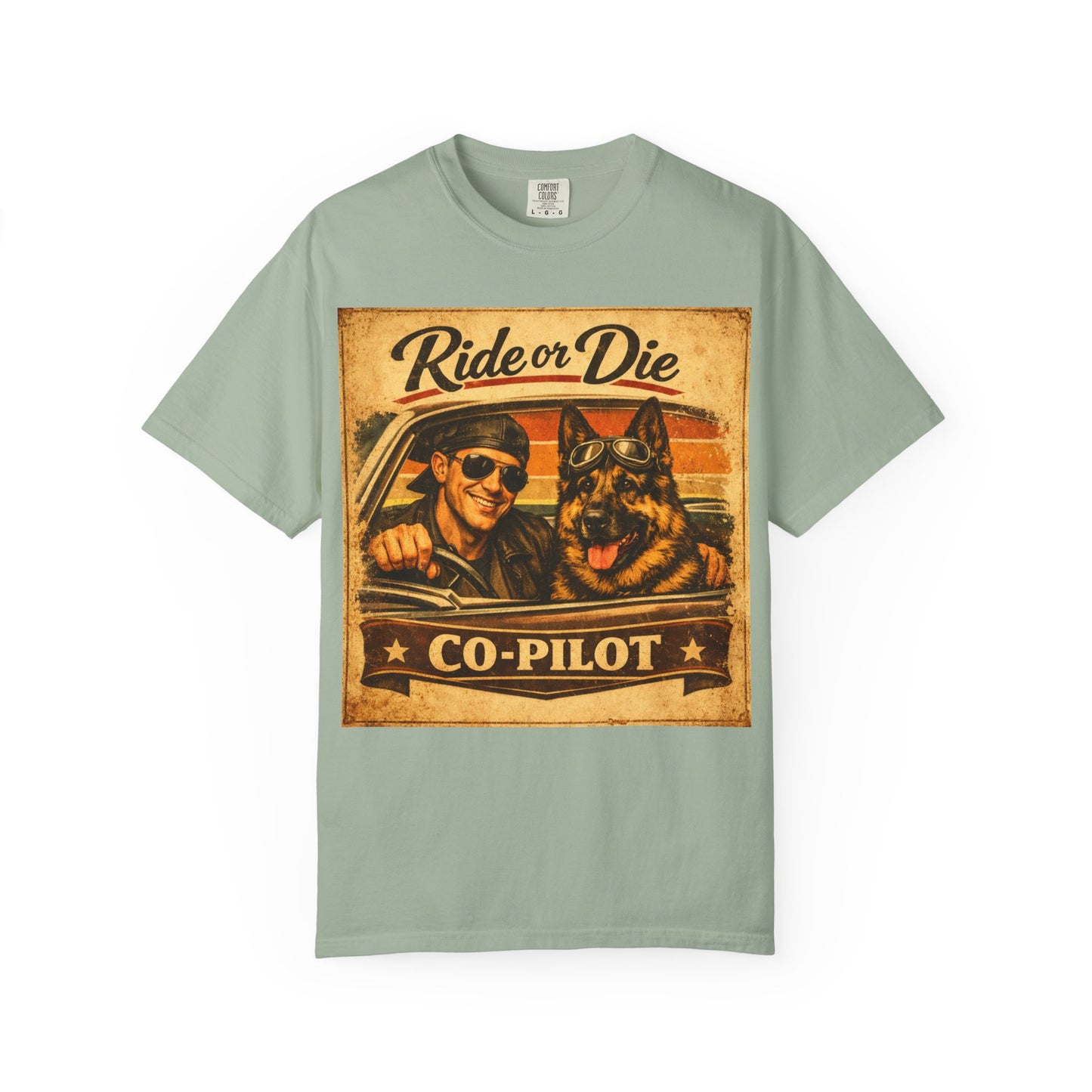 Ride or Die Co-Pilot T-shirt | Retro Driver and German Shepherd Design