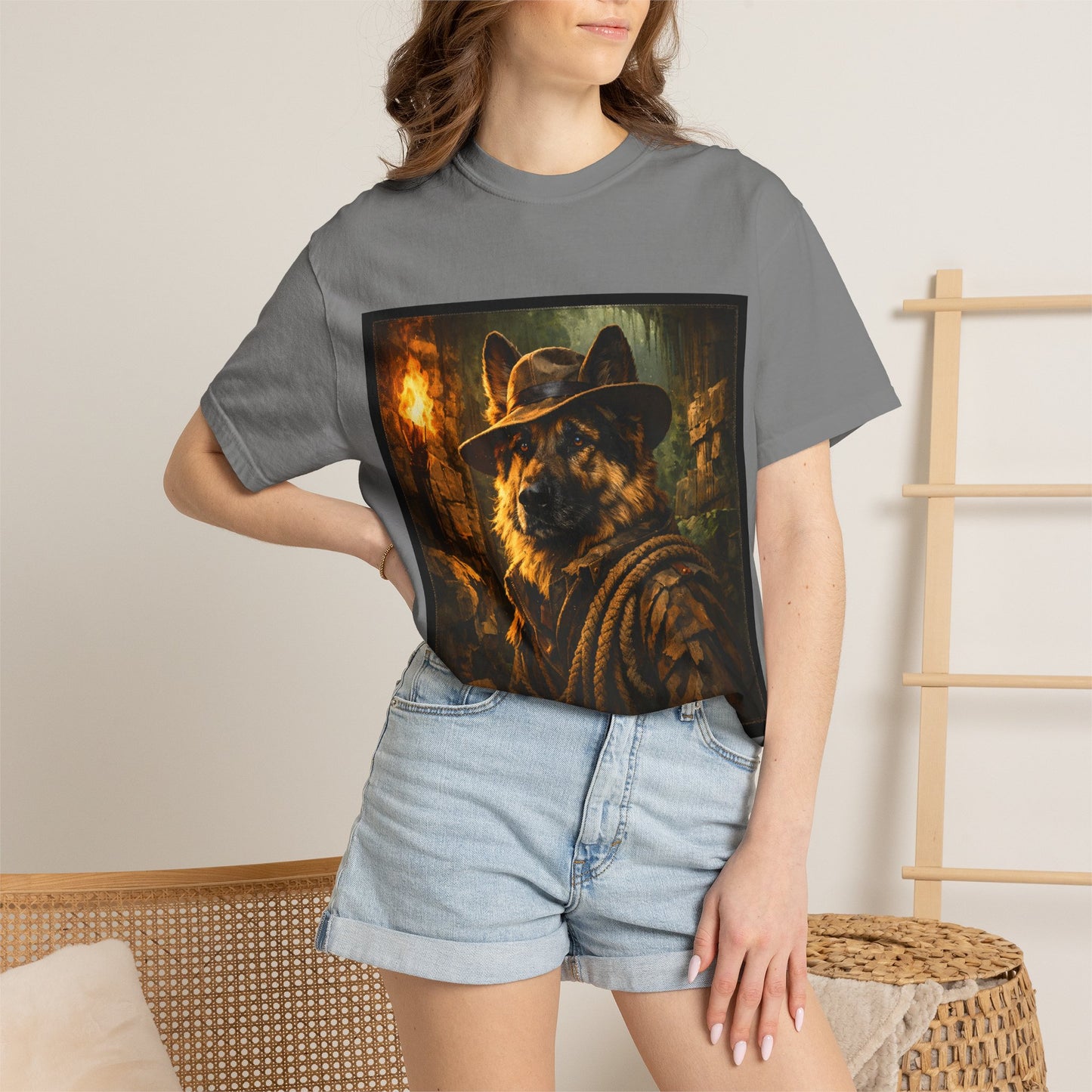 Indy Explorer German Shepherd T‑Shirt – Adventure Dog Lover Tee | Vintage Noir Canine Illustration | Bella Canvas 3001