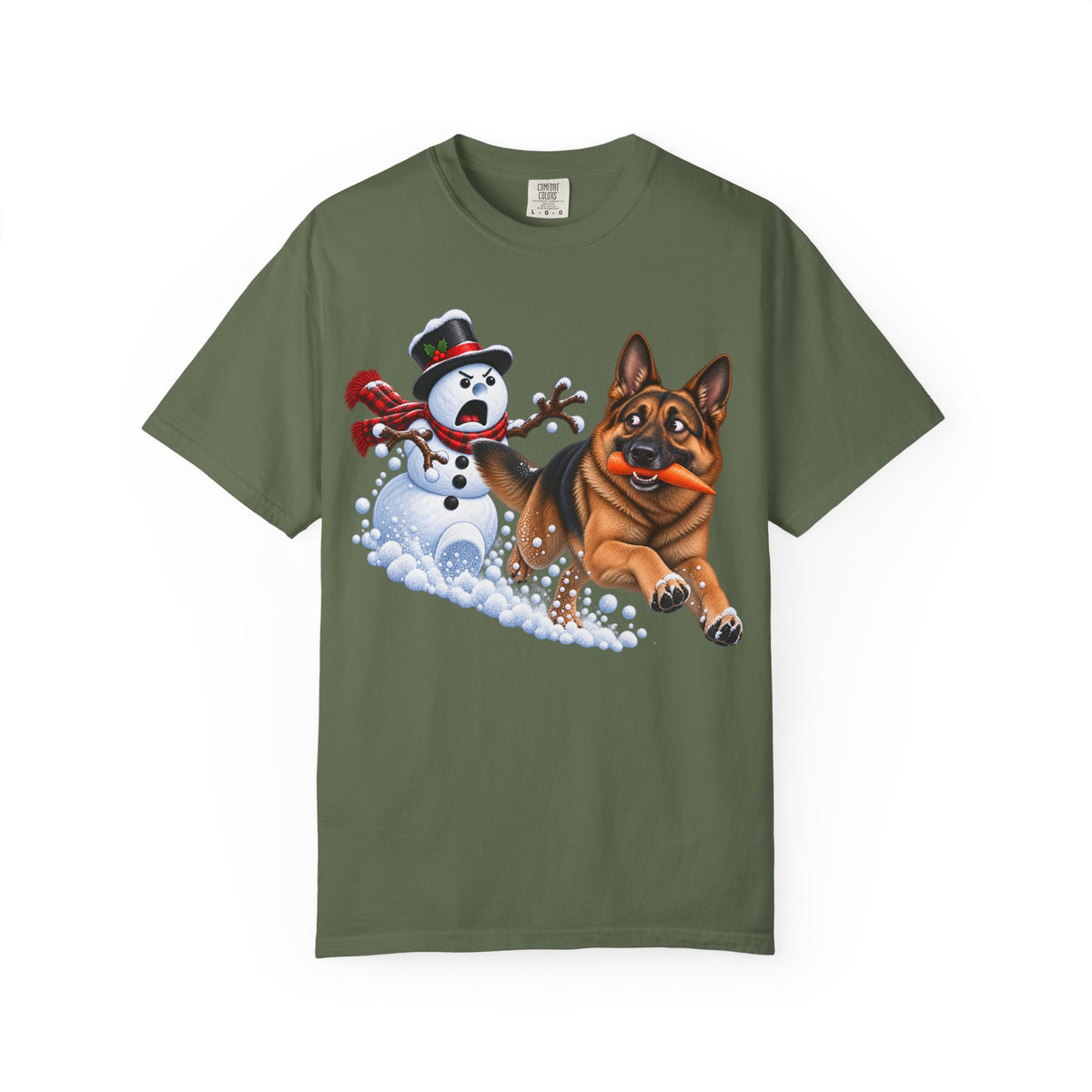 German Shepherd Snowman Carrot Chase T-Shirt – Funny Christmas GSD Shirt