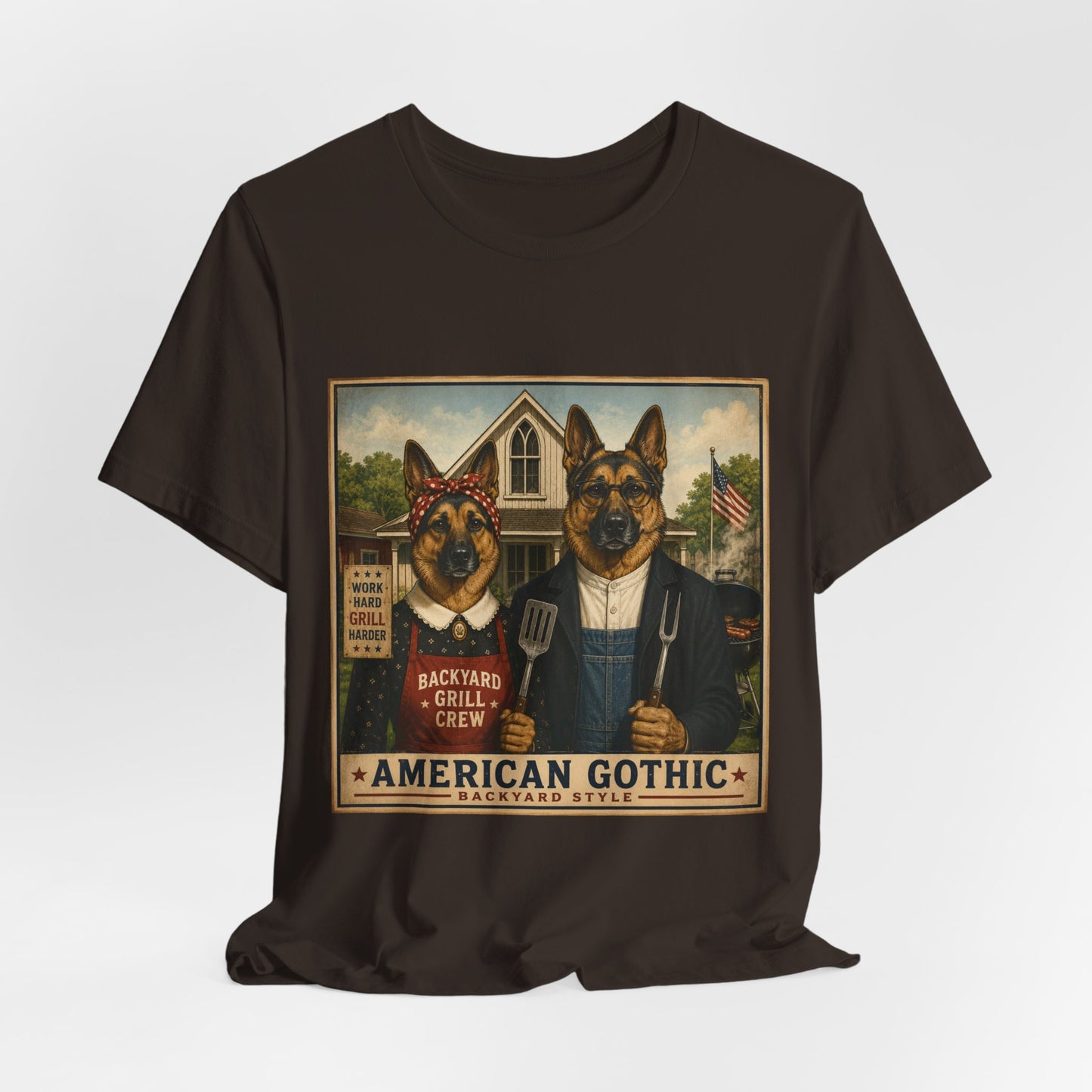 American Gothic – Backyard Style | German Shepherd BBQ T-Shirt