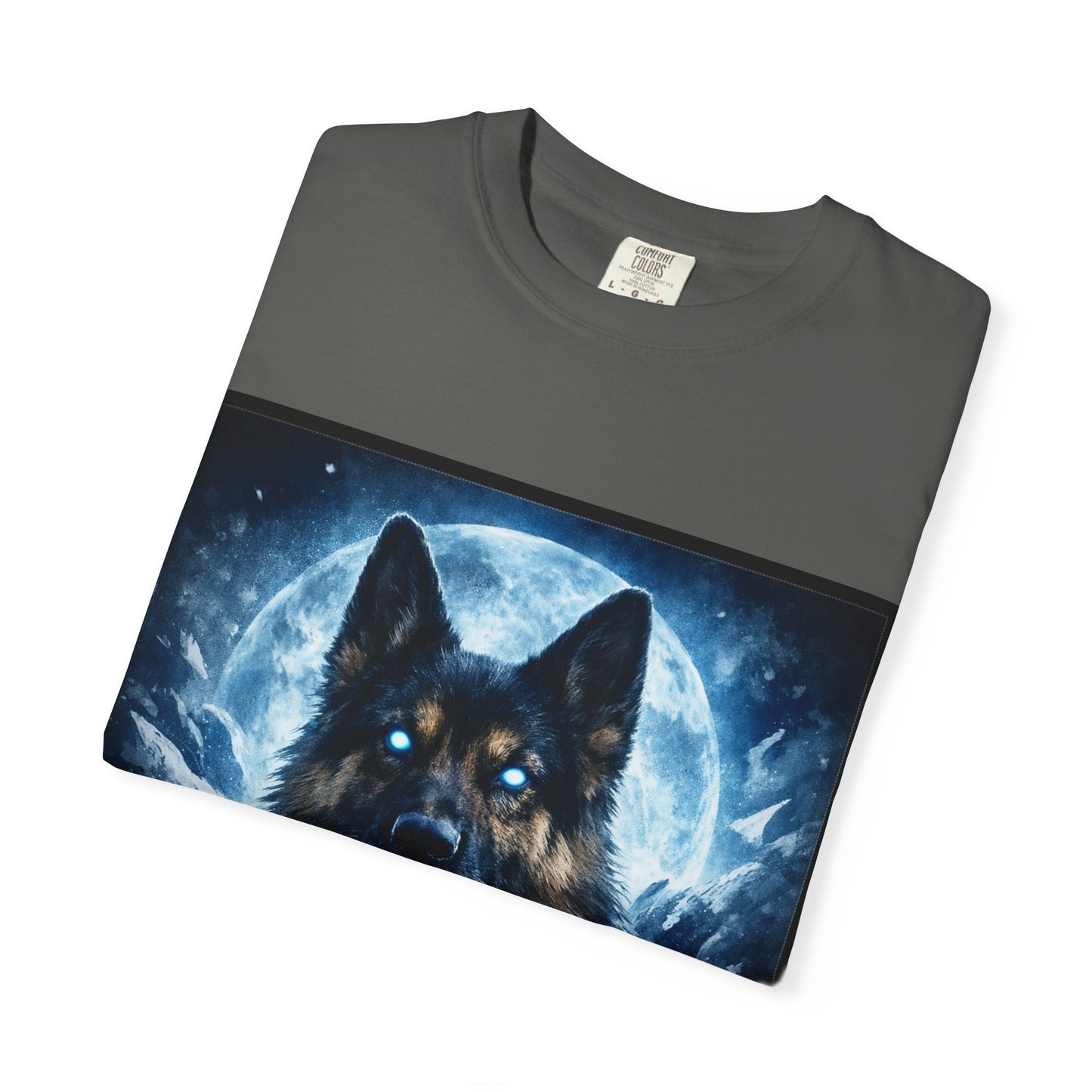 Mystic German Shepherd Moon T-shirt | Glowing Blue German Shepherd Portrait