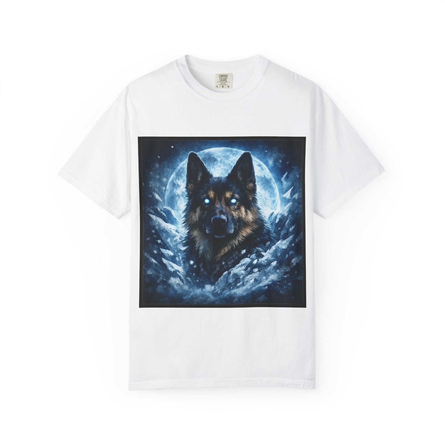 Mystic German Shepherd Moon T-shirt | Glowing Blue German Shepherd Portrait