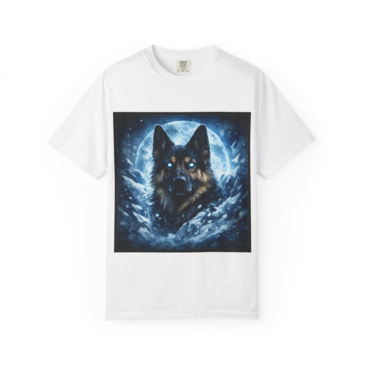 Mystic German Shepherd Moon T-shirt | Glowing Blue German Shepherd Portrait