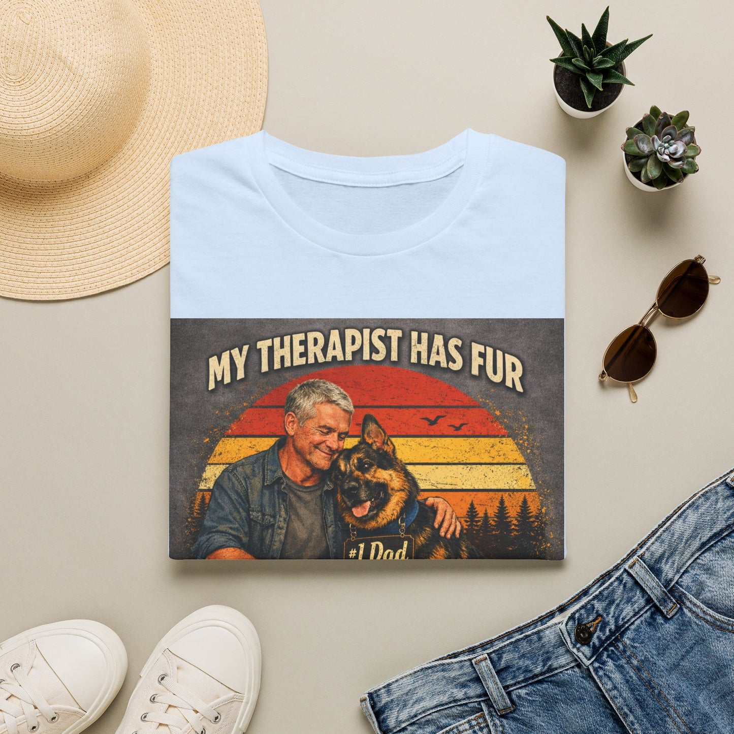 My Therapist Has Fur T-Shirt | Dog Dad Retro Sunset Design