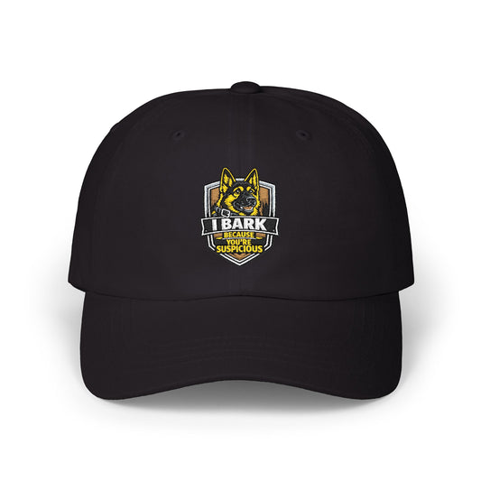German Shepherd Hat – “I Bark Because You’re Suspicious” Embroidered Dad Cap