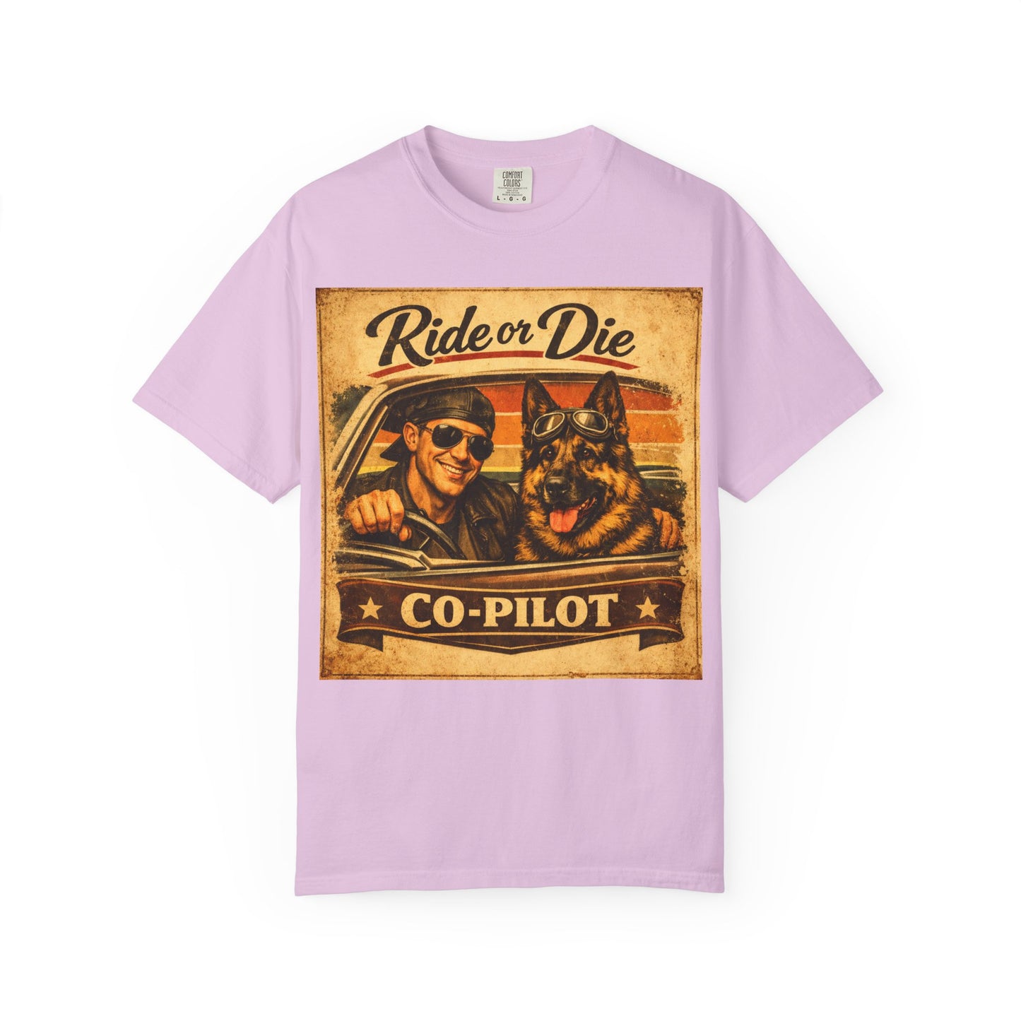 Ride or Die Co-Pilot T-shirt | Retro Driver and German Shepherd Design