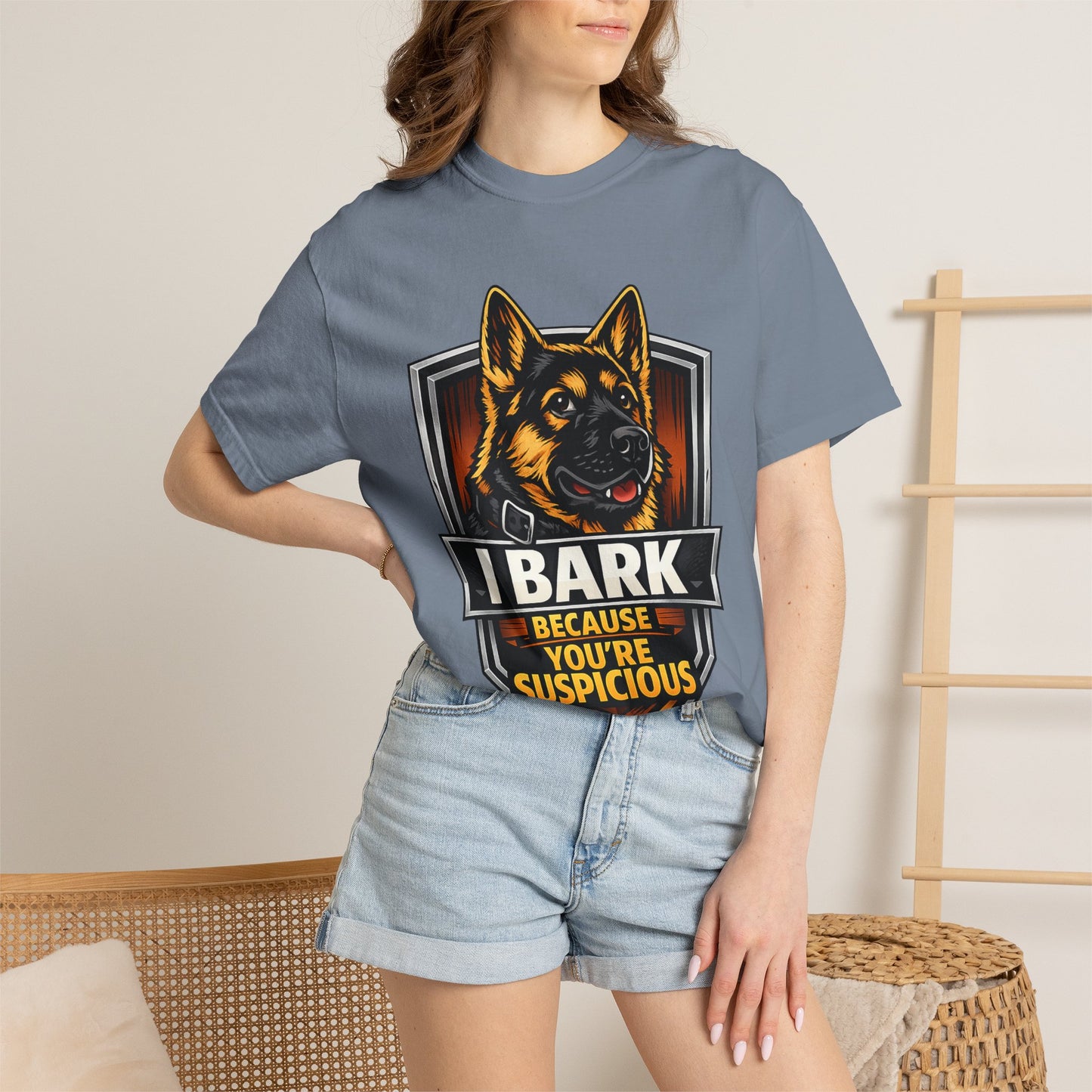 Dog Lover T‑Shirt — “I Bark Because You’re Suspicious” German Shepherd Tee