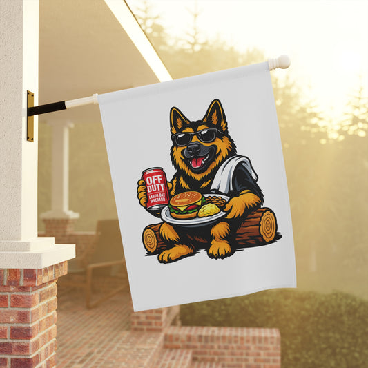 Off Duty BBQ Backyard Funny German Shepherd Garden Flag | Patriotic BBQ Yard Decor | Summer Outdoor Flag