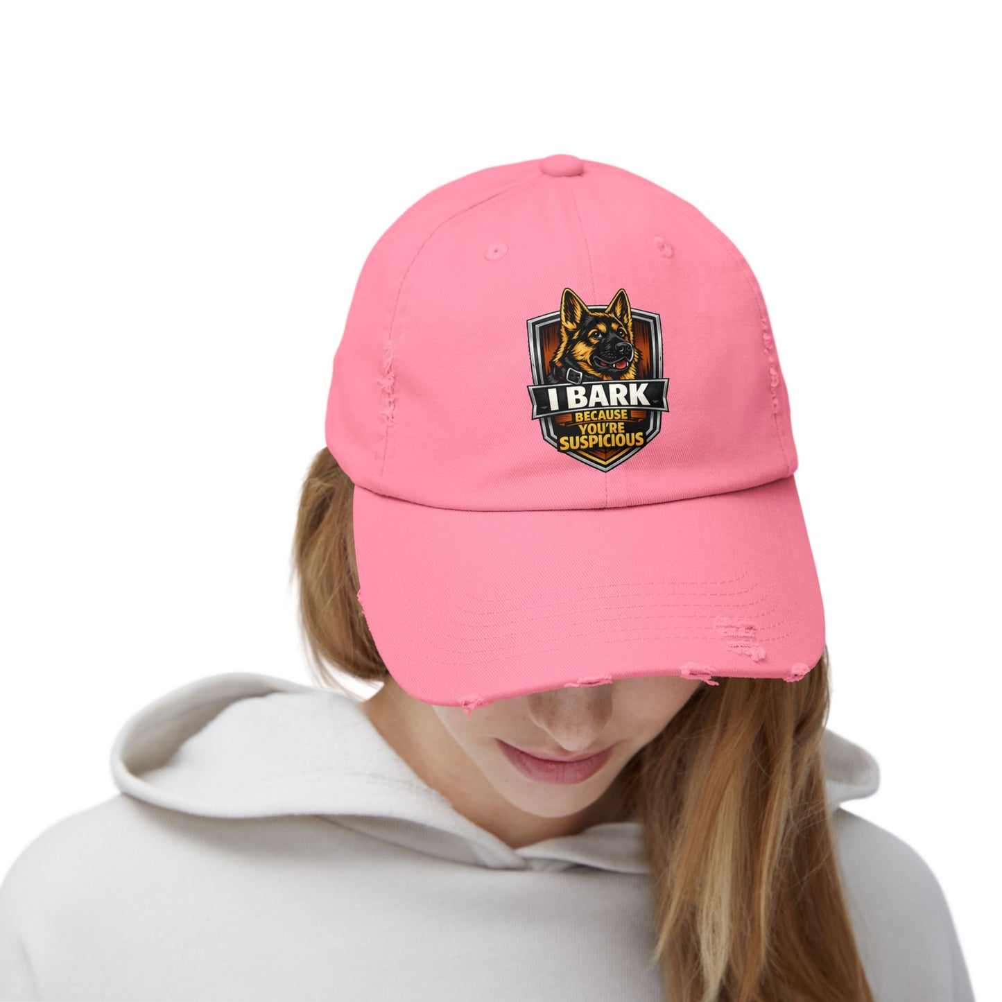 Distressed Cap — “I Bark Because You’re Suspicious” German Shepherd Patrol Hat