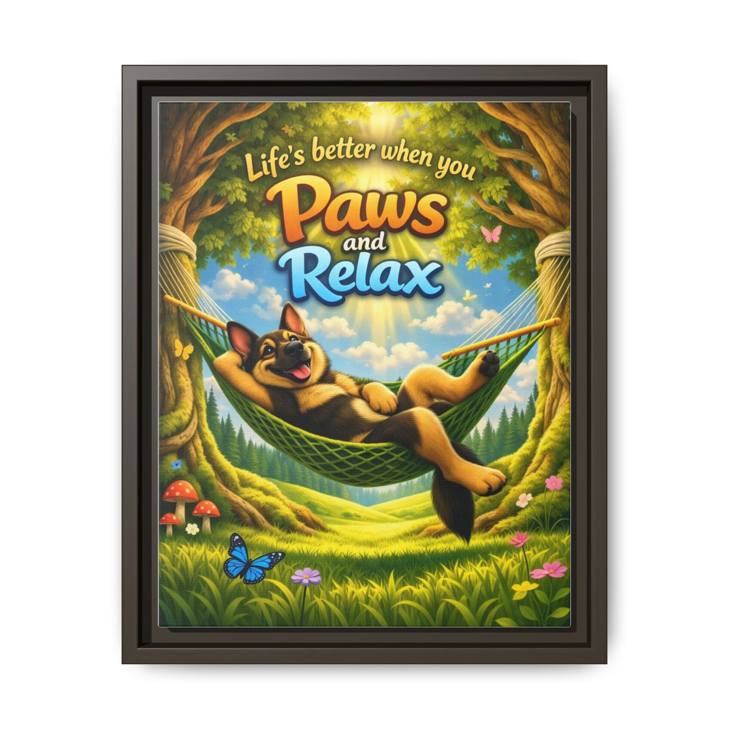 German Shepherd Wall Art – "Life's Better When You Paws and Relax" Framed Canvas Print
