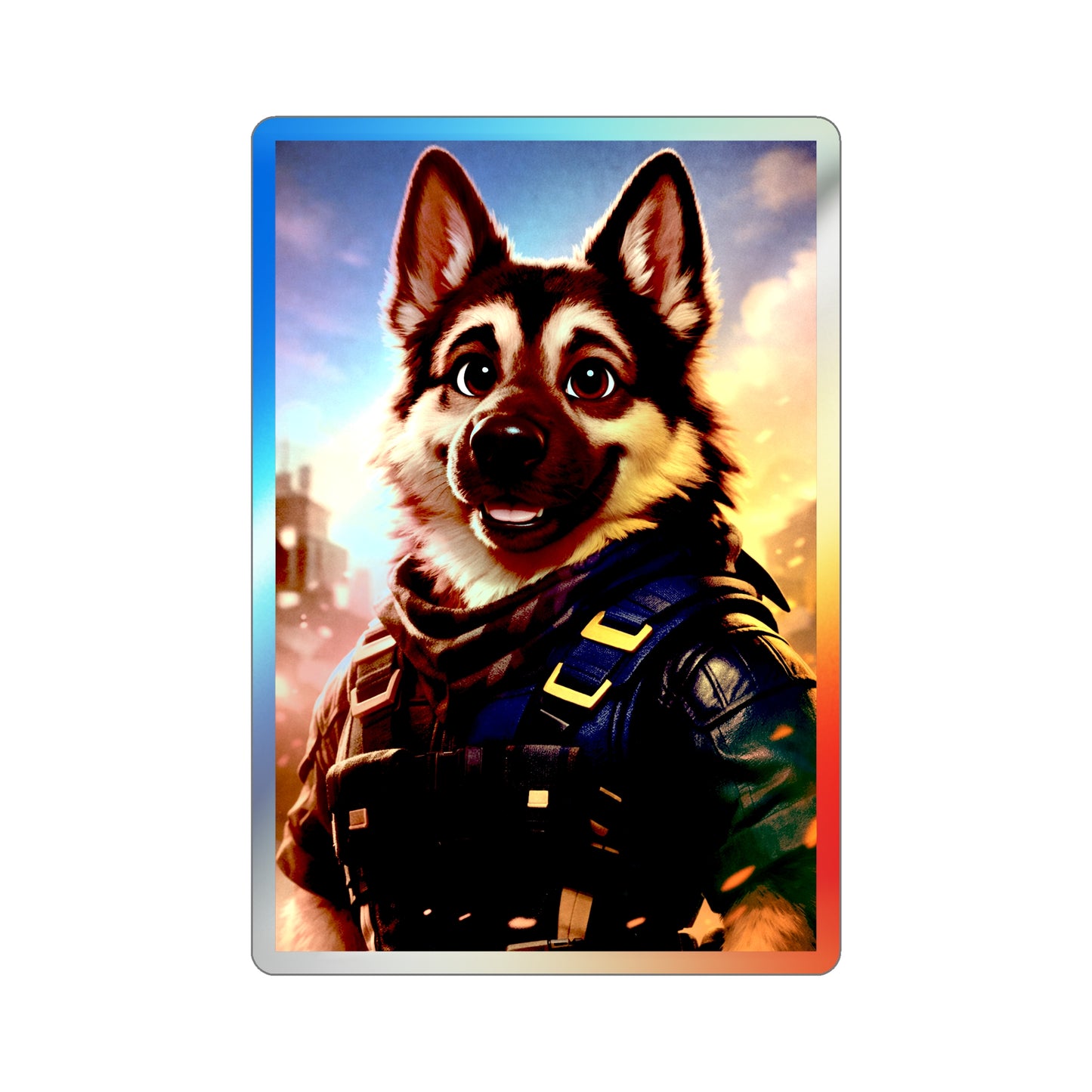 German Shepherd Tactical Hero Holographic Die‑Cut Sticker – Durable Vinyl Dog Lover Decal