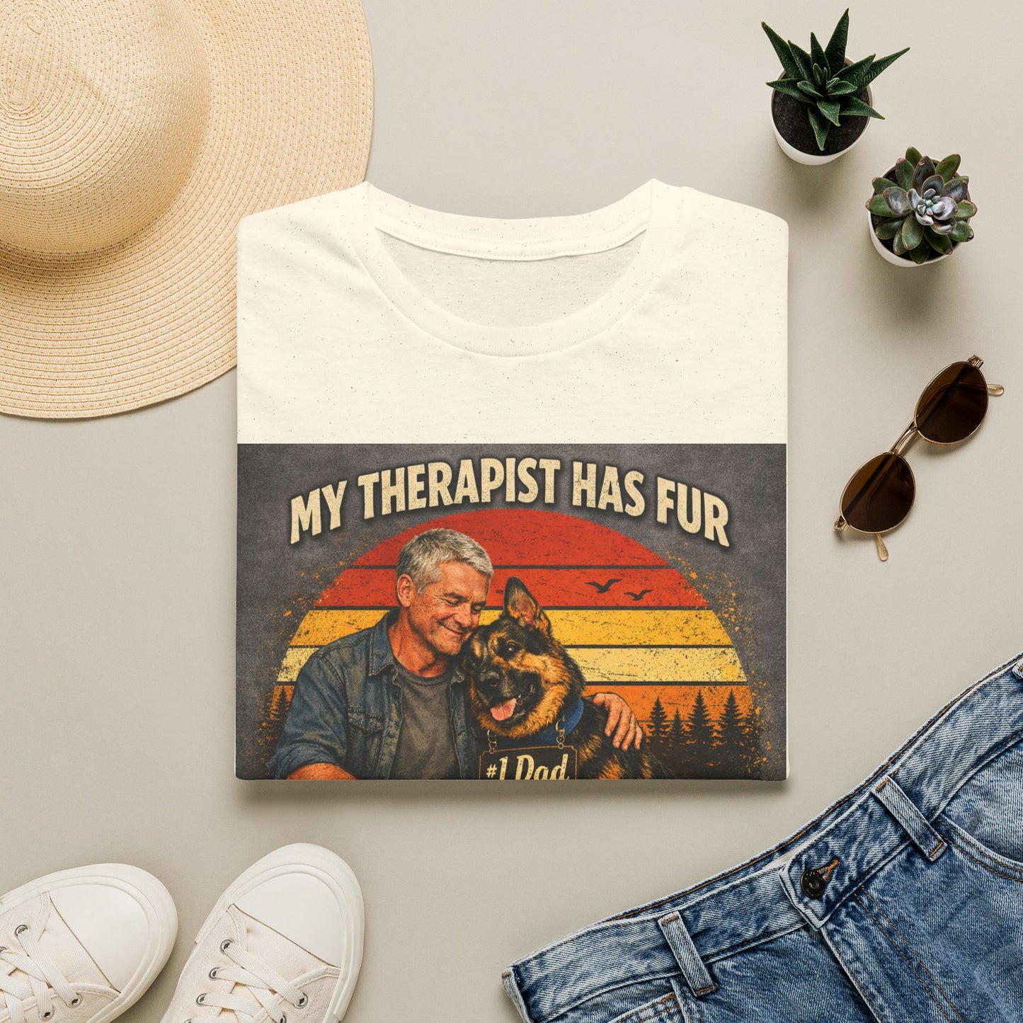 My Therapist Has Fur T-Shirt | Dog Dad Retro Sunset Design