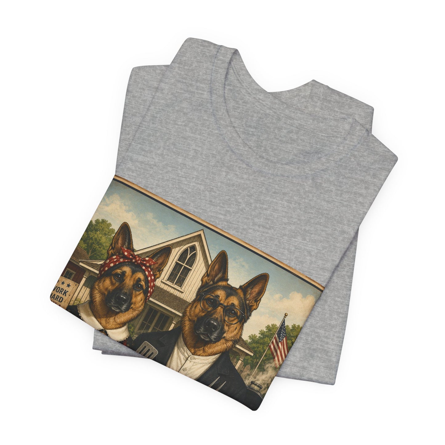 American Gothic – Backyard Style | German Shepherd BBQ T-Shirt