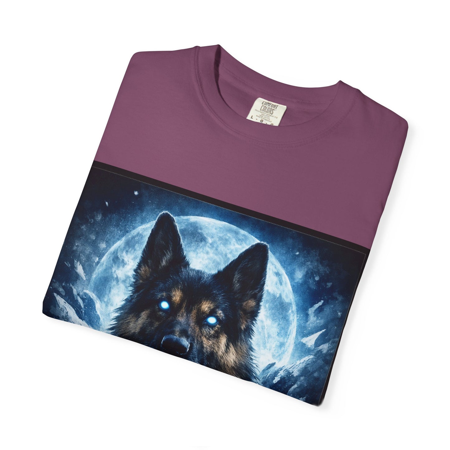 Mystic German Shepherd Moon T-shirt | Glowing Blue German Shepherd Portrait