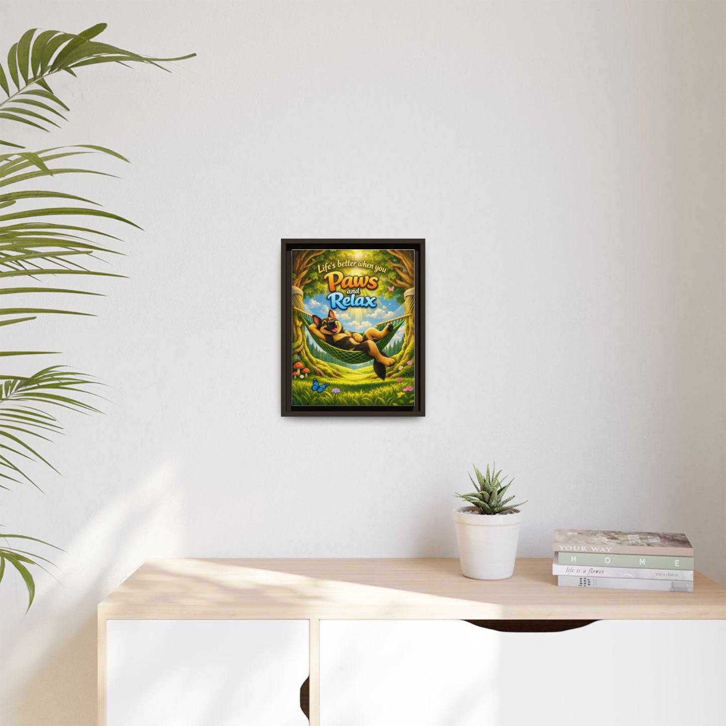 German Shepherd Wall Art – "Life's Better When You Paws and Relax" Framed Canvas Print